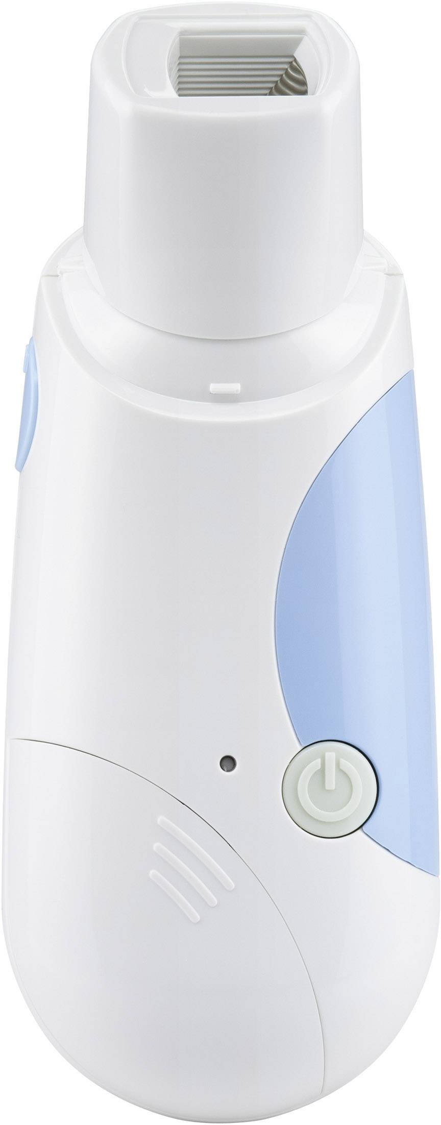 Een batterijgevoede, handzame trimmer met een blauw en wit behuizing, geschikt voor nauwkeurige lichaamshaar-styling.