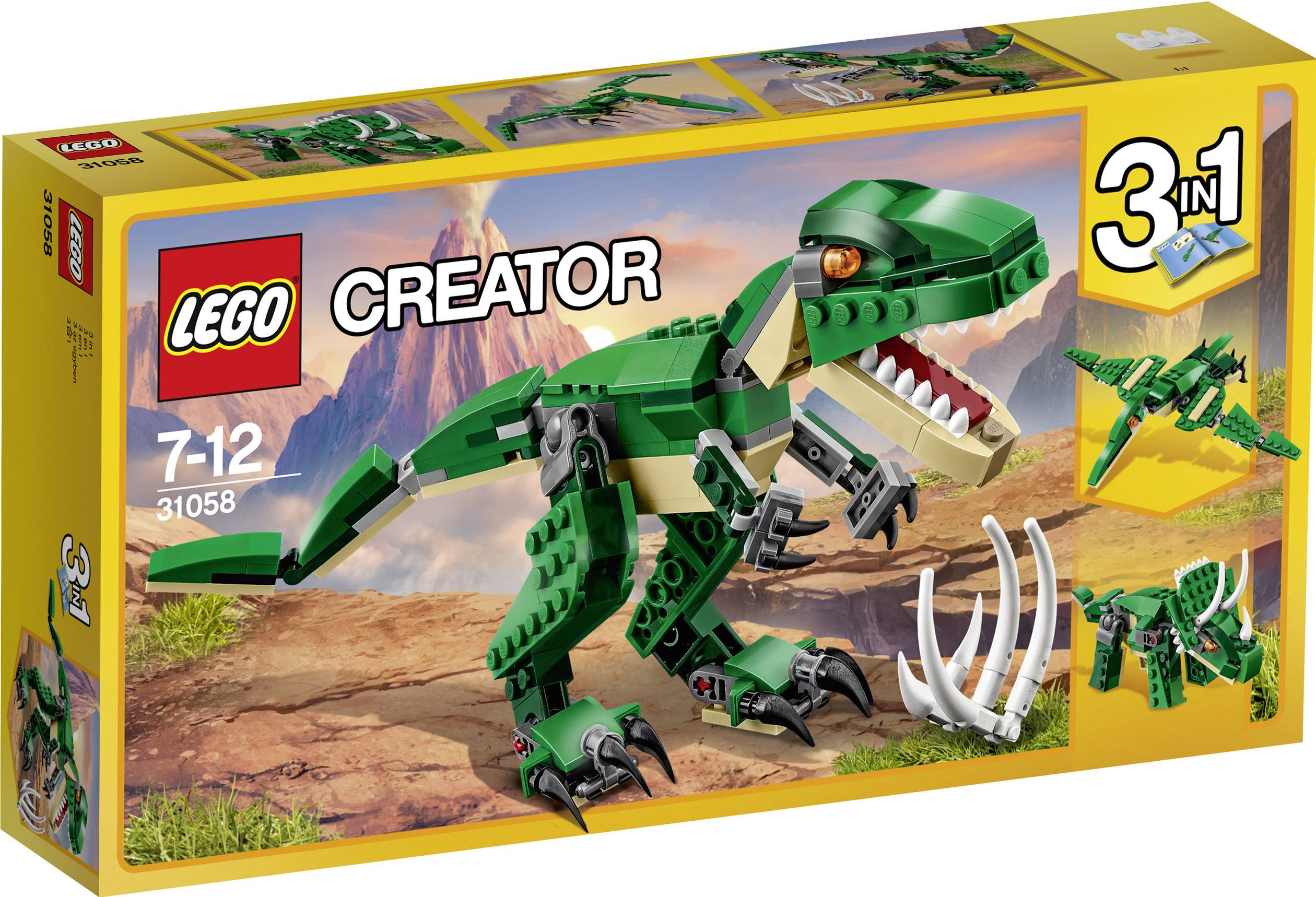 Lego Creator Set 31058, T-Rex Thema. Toont een groene T-Rex met beweeglijke gewrichten. Bevat alternatieve modellen: Triceratops en Pterodactylus.
