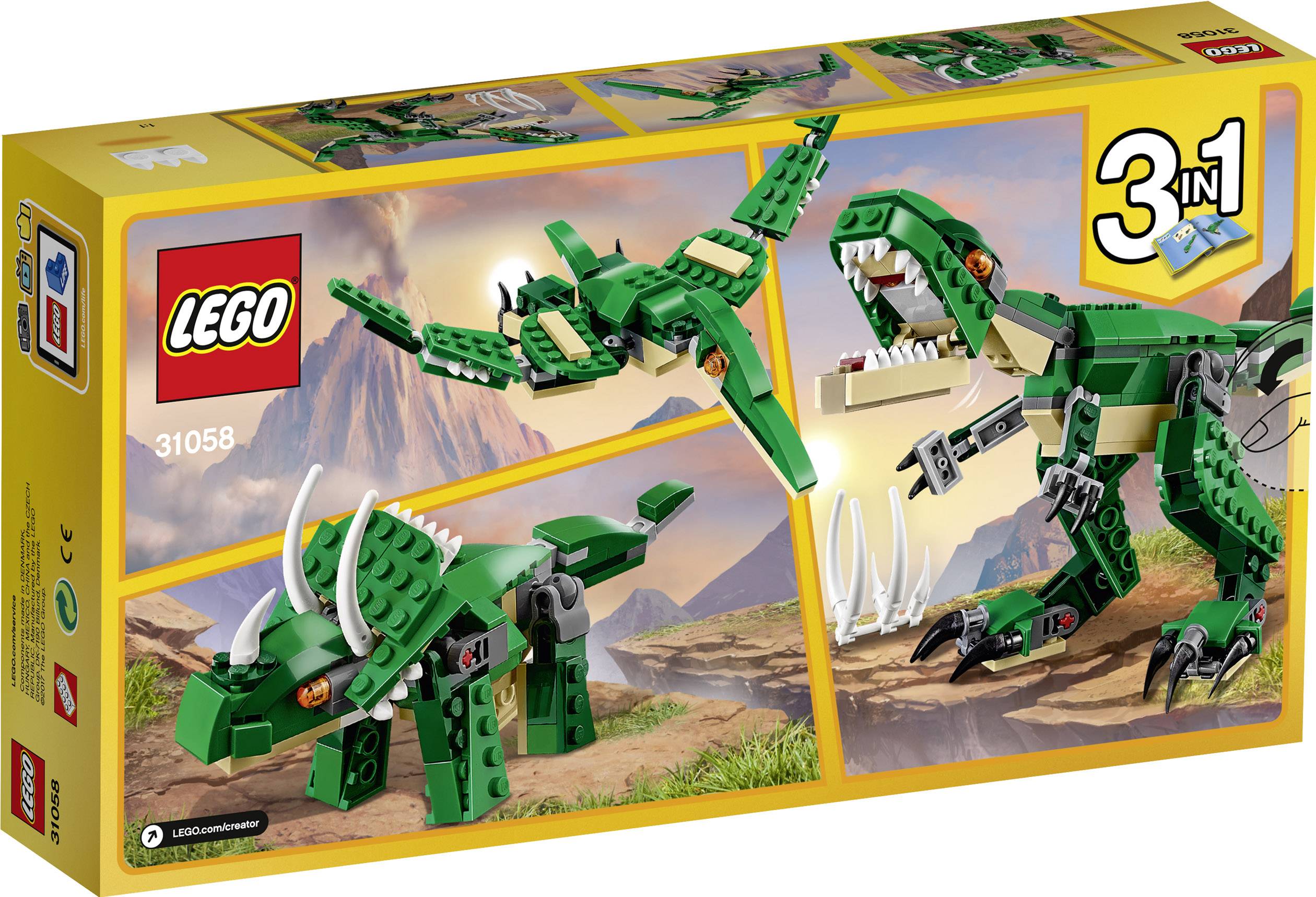 LEGO-set 31058 'Dinosaurus' met drie bouwbare modellen: Triceratops, Pterodactylus en T-Rex. Verpakking toont alle modellen.