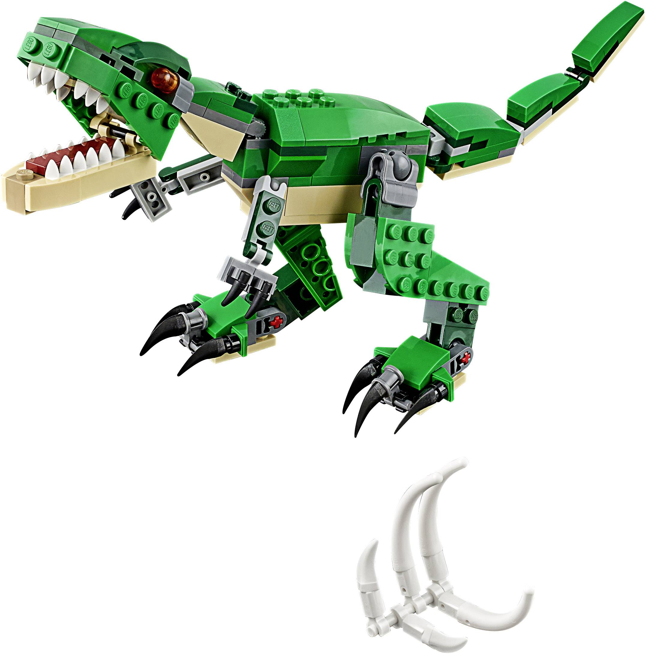 Een groene LEGO-dinosaurus met beweegbare staart, bek en klauwen. Een extra set klauwen ligt ernaast.