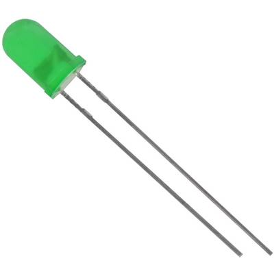 Een groene lichtdiode (LED) met twee metalen pootjes op een witte achtergrond. De LED wordt gebruikt voor elektronische toepassingen.