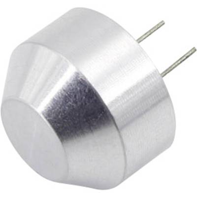Cilindrische, zilverkleurige aluminium knop met twee uitstekende pinnen aan de achterkant. Geschikt voor elektronische toepassingen.