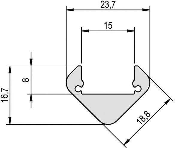 Technische tekening van een profiel met afmetingen: breedte 23,7 mm, hoogte 16,7 mm, binnenste breedte 15 mm en een hoekschuinte van 18,8 mm.