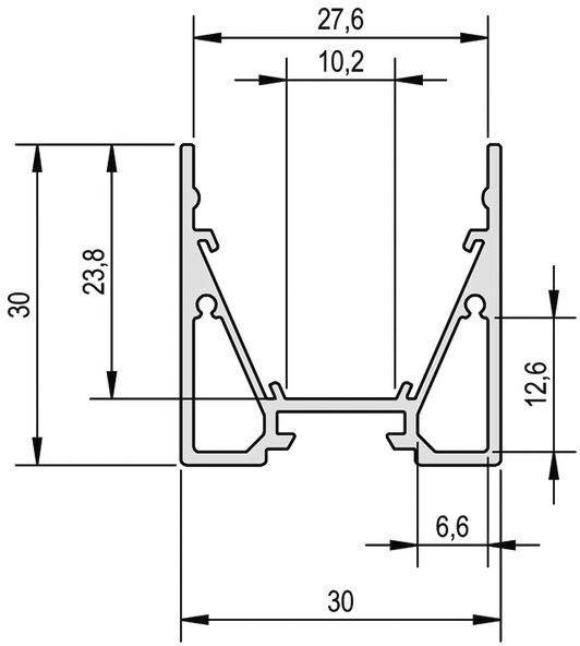 Technische tekening van een rechthoekig profiel met afmetingen. Breedte: 30 mm, Hoogte: 30 mm, Binnenmaten en diktes zijn gedetailleerd weergegeven.