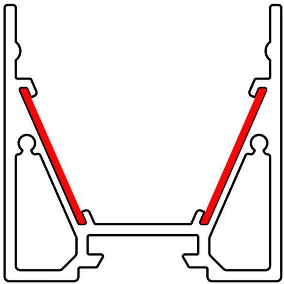 Doorsnede van een structurele aluminiumprofielverbinding met twee rode diagonaalstijlen die stabiliteit symboliseren.