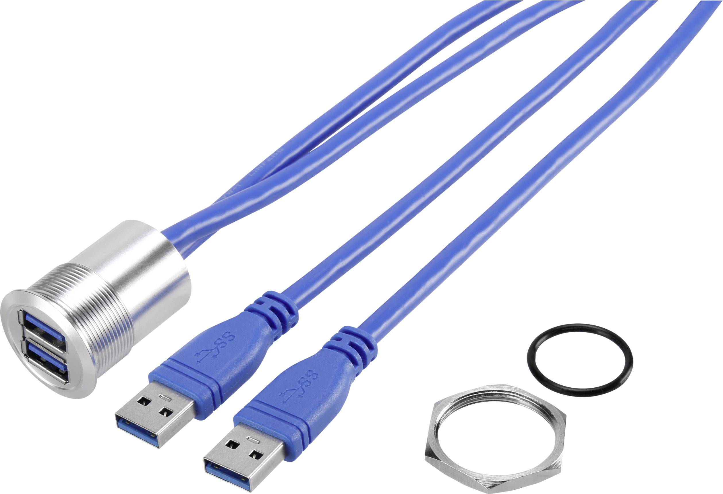 Een blauwe USB-kabel met twee aansluitingen, verbonden met een metalen bus, ernaast een afdichting en een borgmoer.