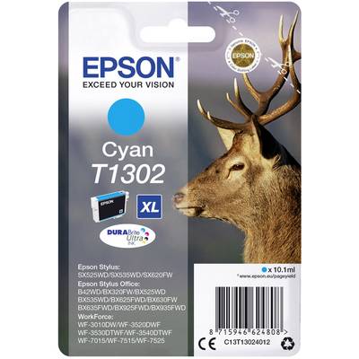 Verpakking van een Epson Cyan T1302 XL inktcartridge met een hertenafbeelding. Compatibele modellen zijn hieronder vermeld.