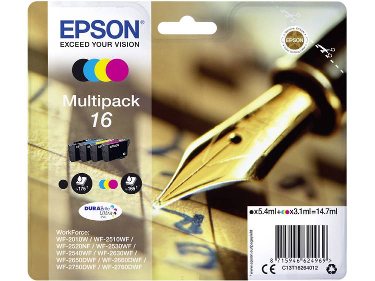 Epson Inkt T1626, 16 Origineel Combipack Zwart, Cyaan, Magenta, Geel C13T16264012