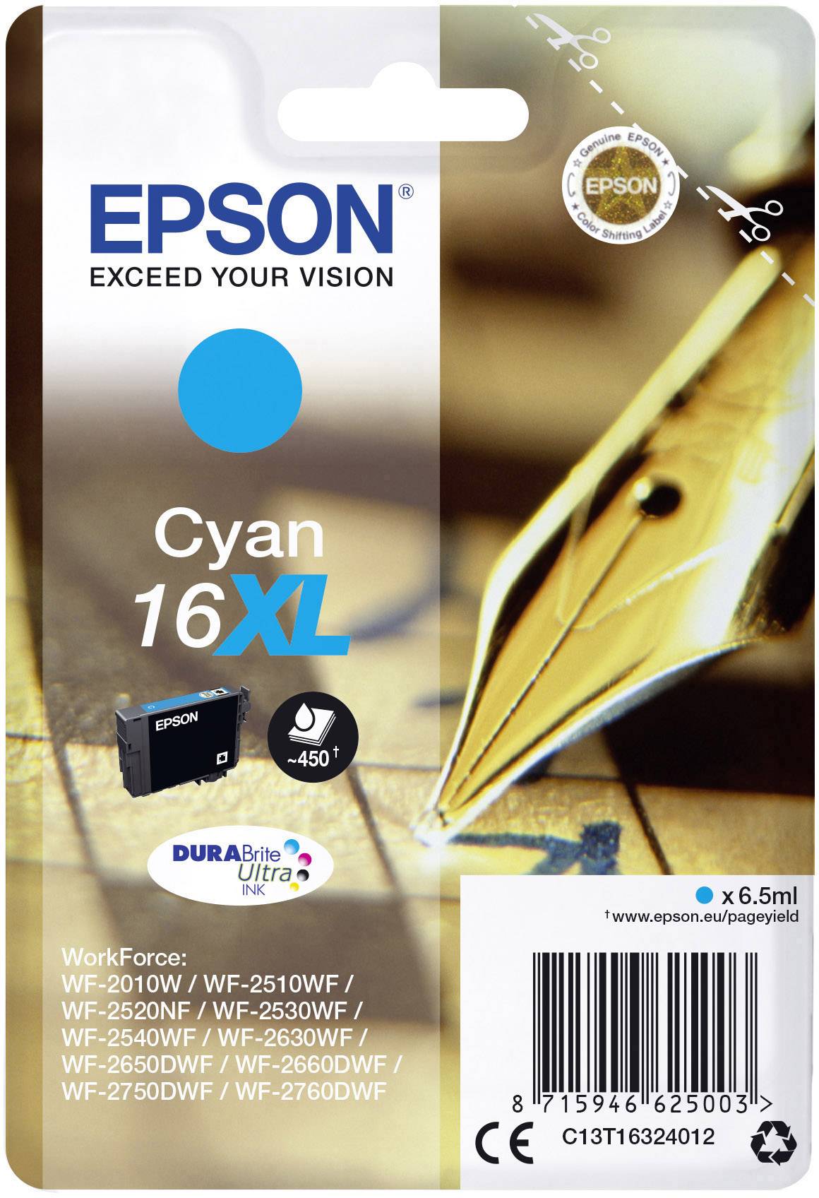 Epson-printercartridge, Cyaan 16XL, voor verschillende WorkForce-modellen. Symbool voor 450 pagina's capaciteit en DURABrite Ultra Inkt.