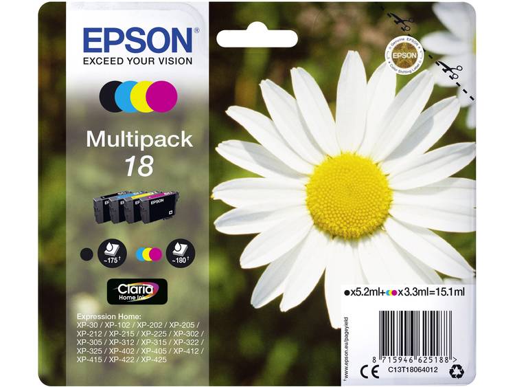 Epson Inkt T1806, 18 Origineel Combipack Zwart, Cyaan, Magenta, Geel C13T18064012