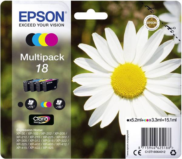 Epson Inktcartridge 18 Origineel Combipack Zwart, Cyaan, Magenta, Geel C13T18064012