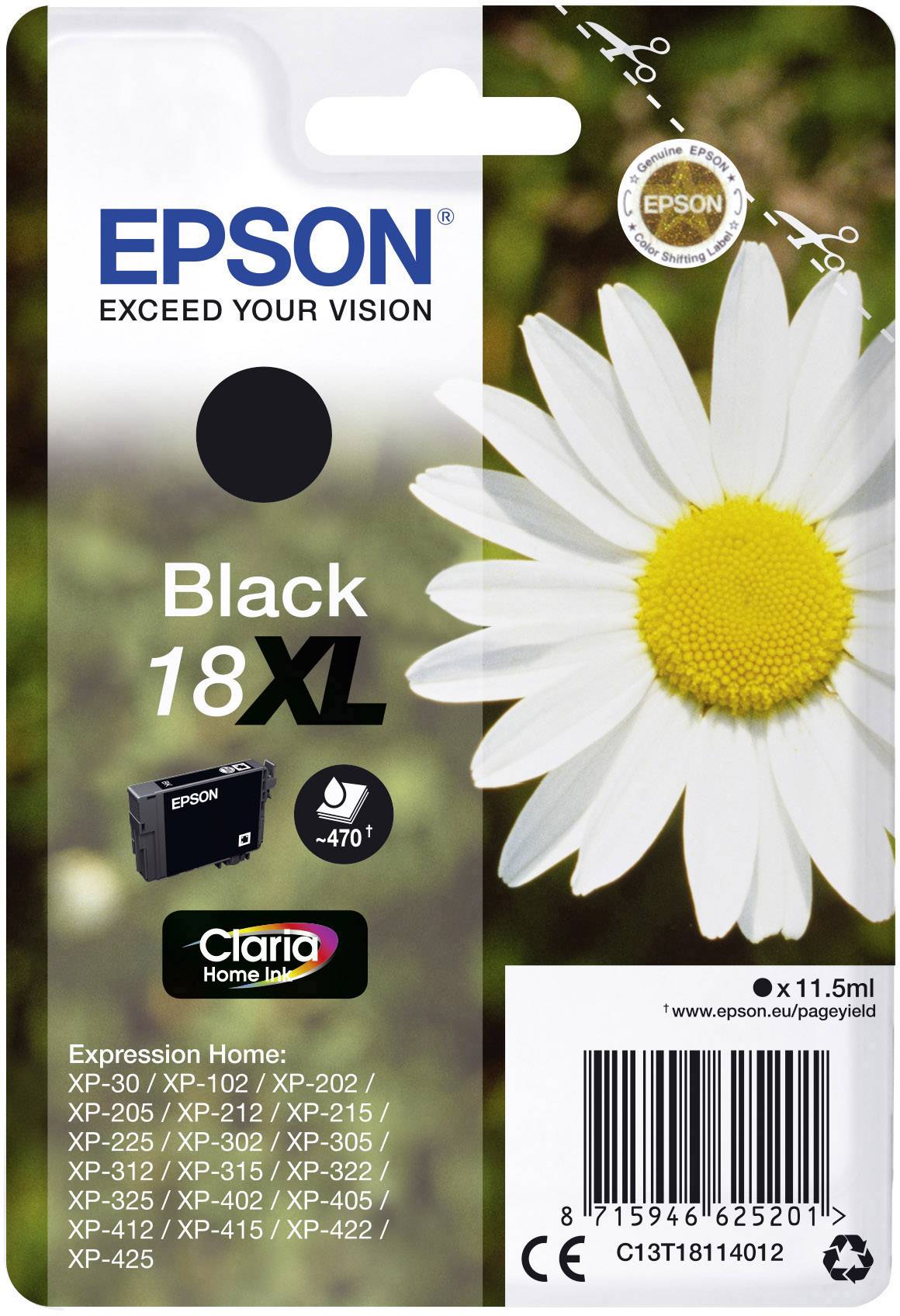 Zwarte Epson 18XL inktpatroon, geschikt voor verschillende Expression Home XP-printermodellen. Capaciteit: 11,5 ml.