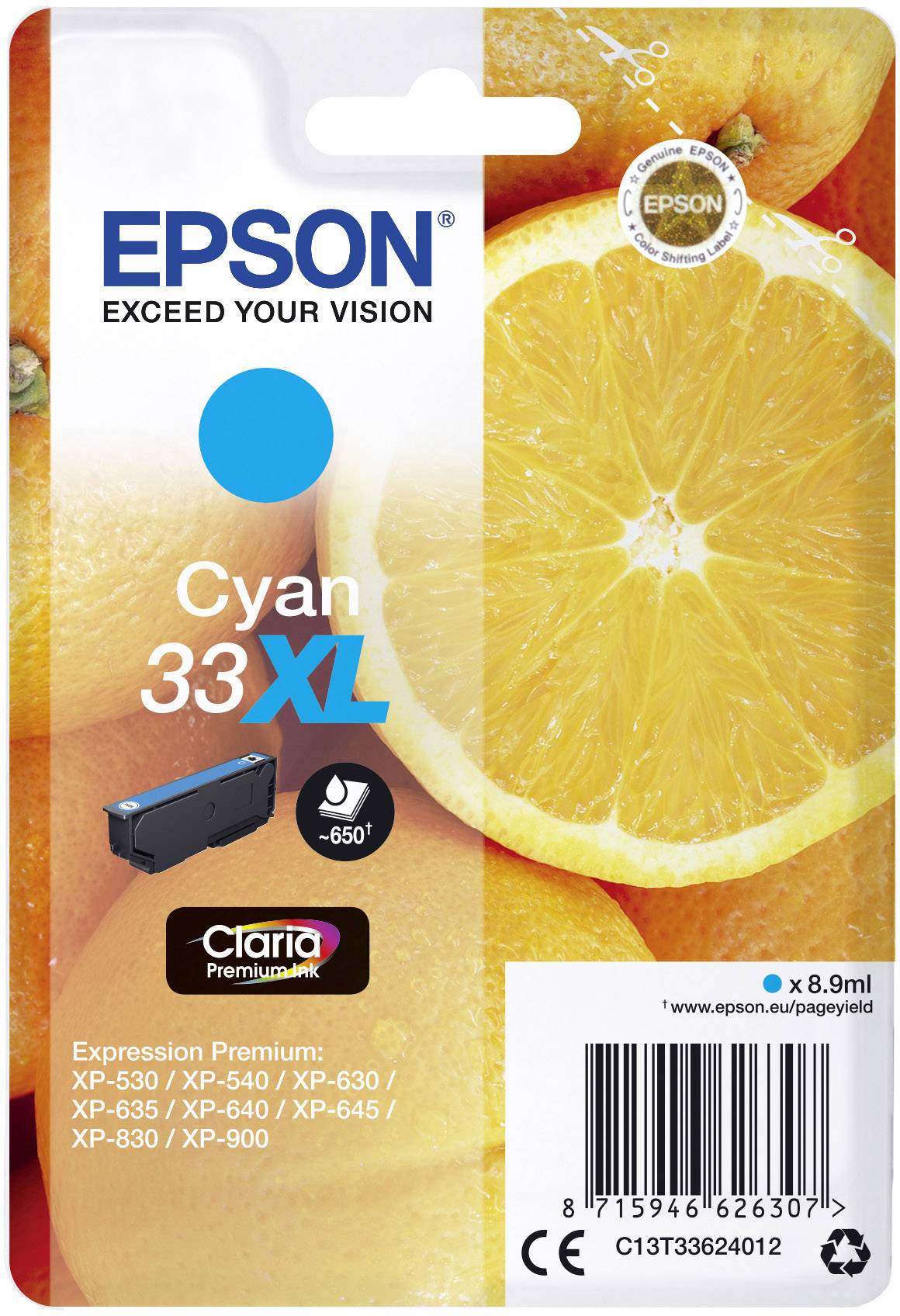 Epson inktpatroon Cyaan 33XL, compatibel met verschillende XP-modellen, afbeelding van een halve sinaasappel als ontwerp, 8,9 ml inhoud.