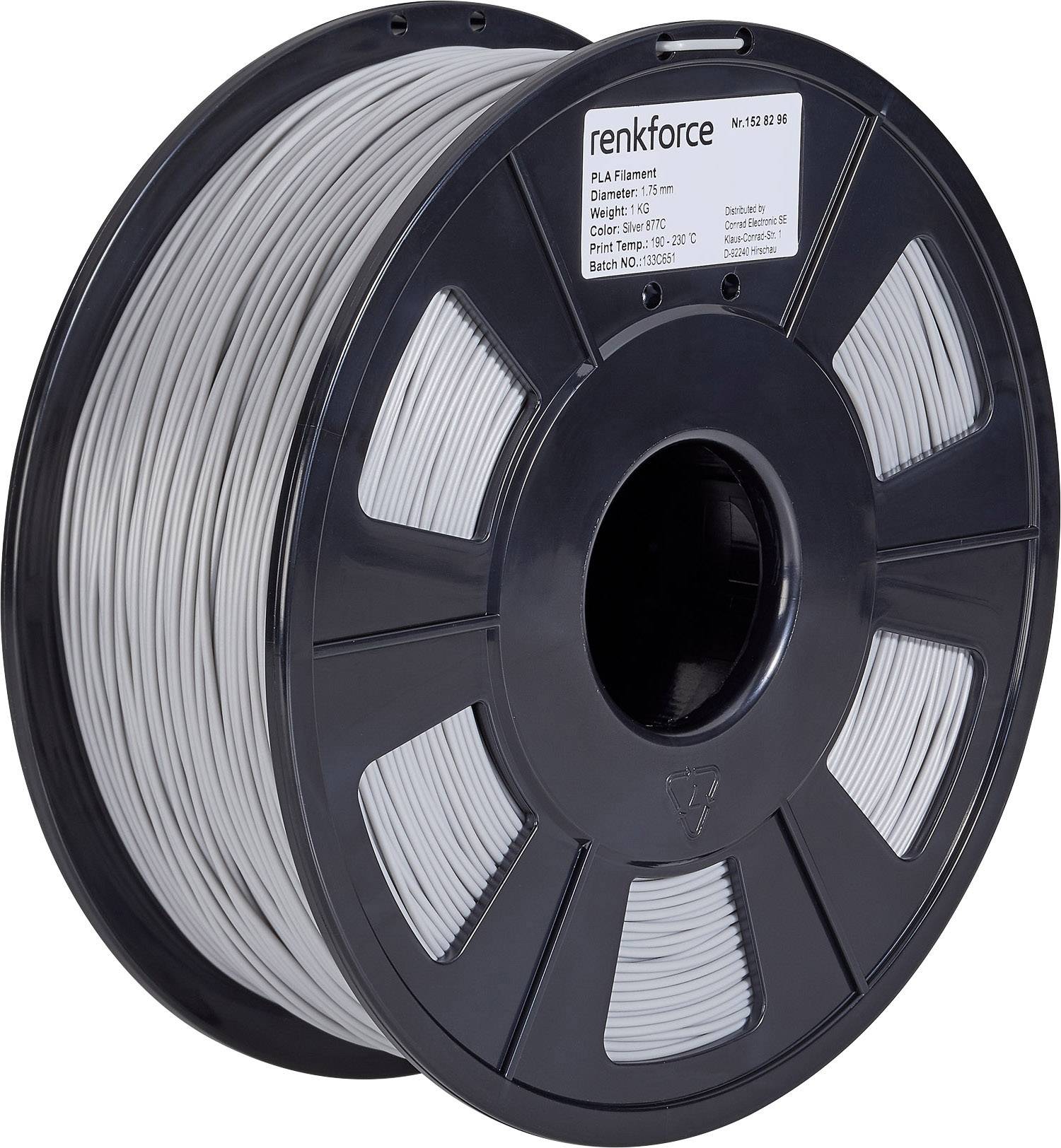 Een zwarte kunststof spoel met grijs PLA-filament voor 3D-printers, voorzien van etiketten met informatie over diameter, gewicht en temperatuur.
