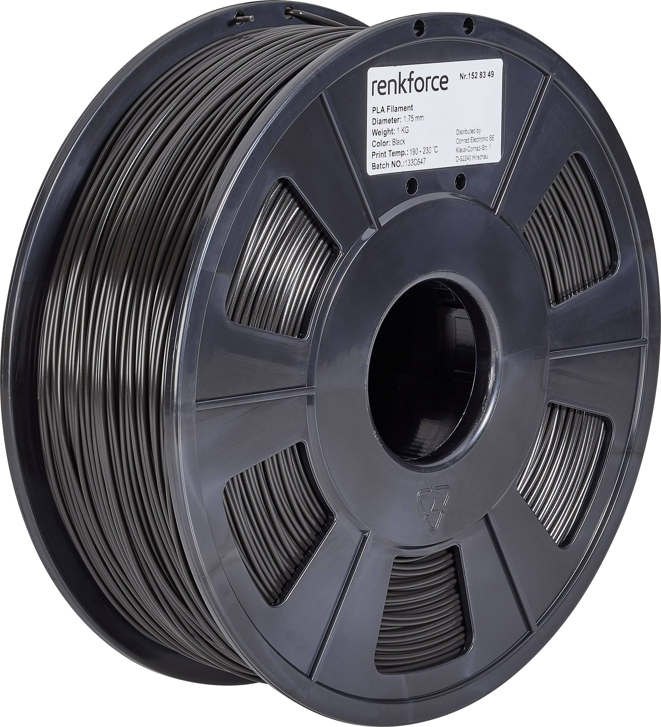 Zwarte rol PLA-filament van het merk renkforce voor 3D-printers. Bevat fabrikantinformatie op sticker.