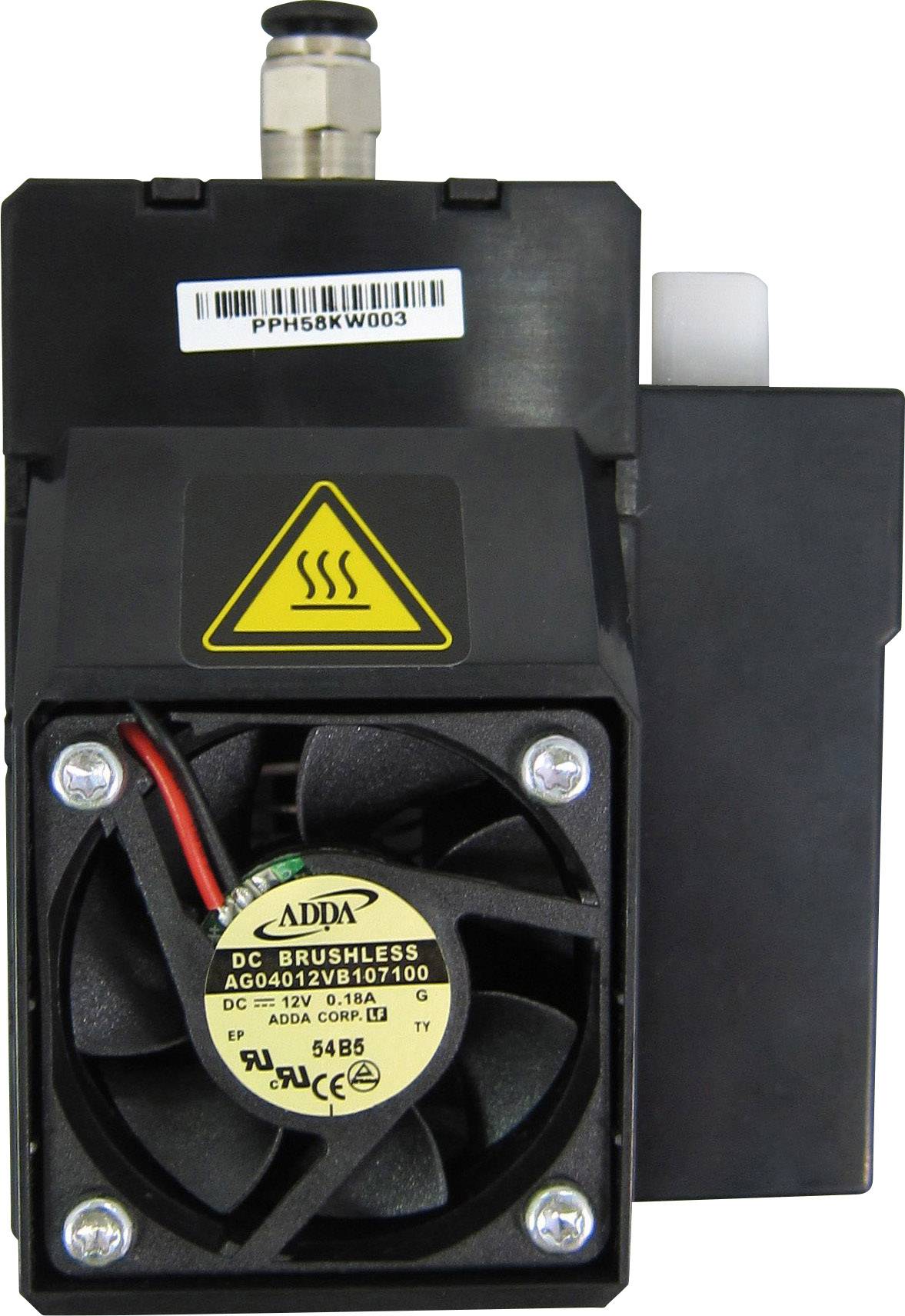Een zwart elektrisch apparaat met een ventilator en een waarschuwingssymbool voor hoge temperaturen. Bovenaan is een barcode zichtbaar.