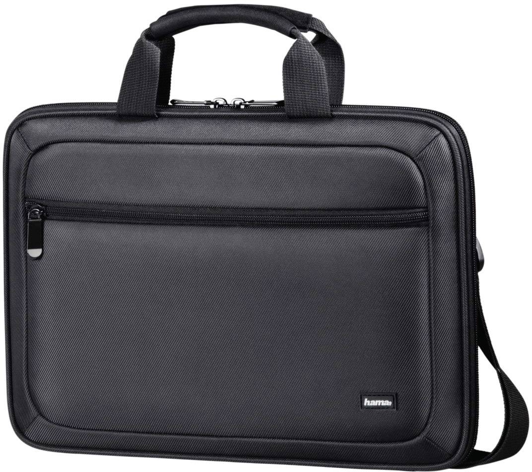 Zwarte laptoptas met handgrepen en een lange, afneembare schouderband. De tas heeft een buitenvak met rits aan de voorkant.