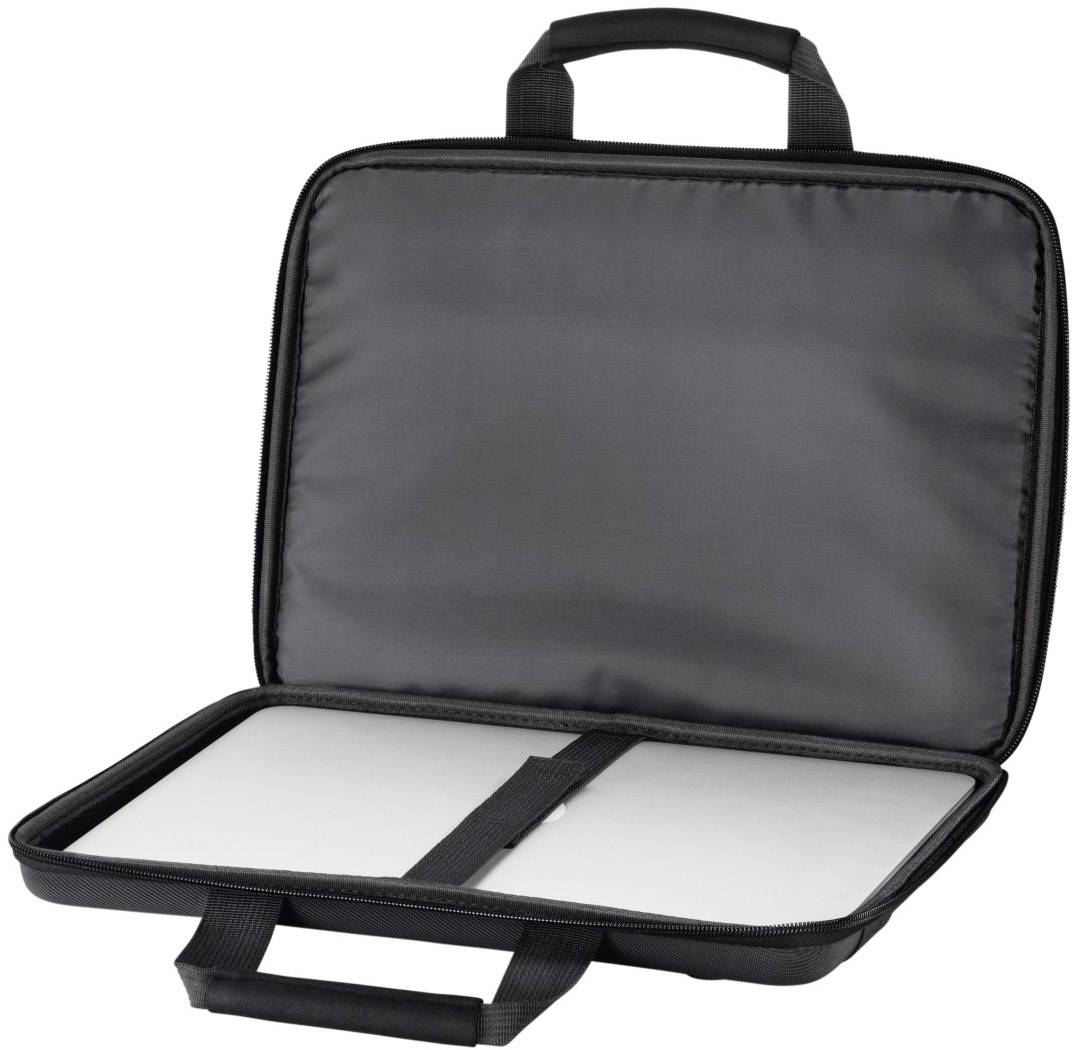 Grijze, open laptoptas met handgreep en riemen voor veilige bevestiging van de laptop aan de binnenkant.