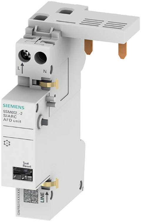Beveiligingsautomaat van Siemens met het opschrift 'SIARC AFD unit', toont aansluitingen en bedieningselementen voor elektrische installaties.