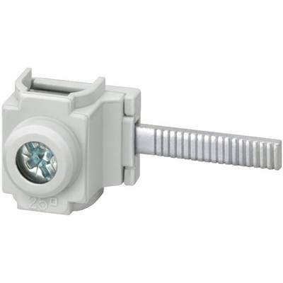 Een grijze aansluitklem met schroef en metalen pen, die wordt gebruikt voor het bevestigen van elektrische leidingen.