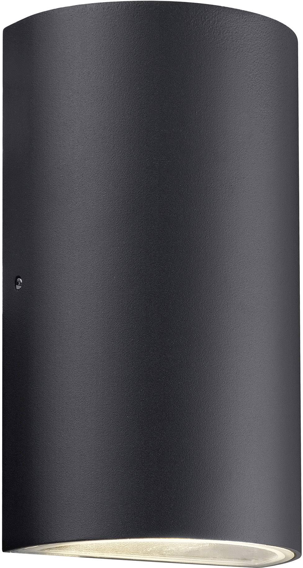 Cilindrische buitenwandlamp, donkergrijs, met neerwaarts gericht licht. Ideaal voor moderne gevelverlichting.