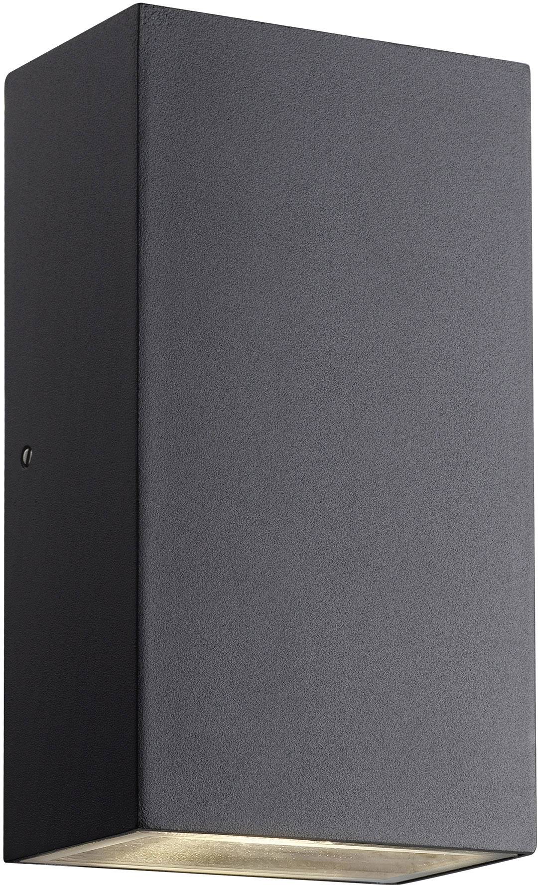 Een zwarte, rechthoekige buitenlamp met een strak design, die naar beneden licht uitstraalt. Ideaal voor moderne gevels.