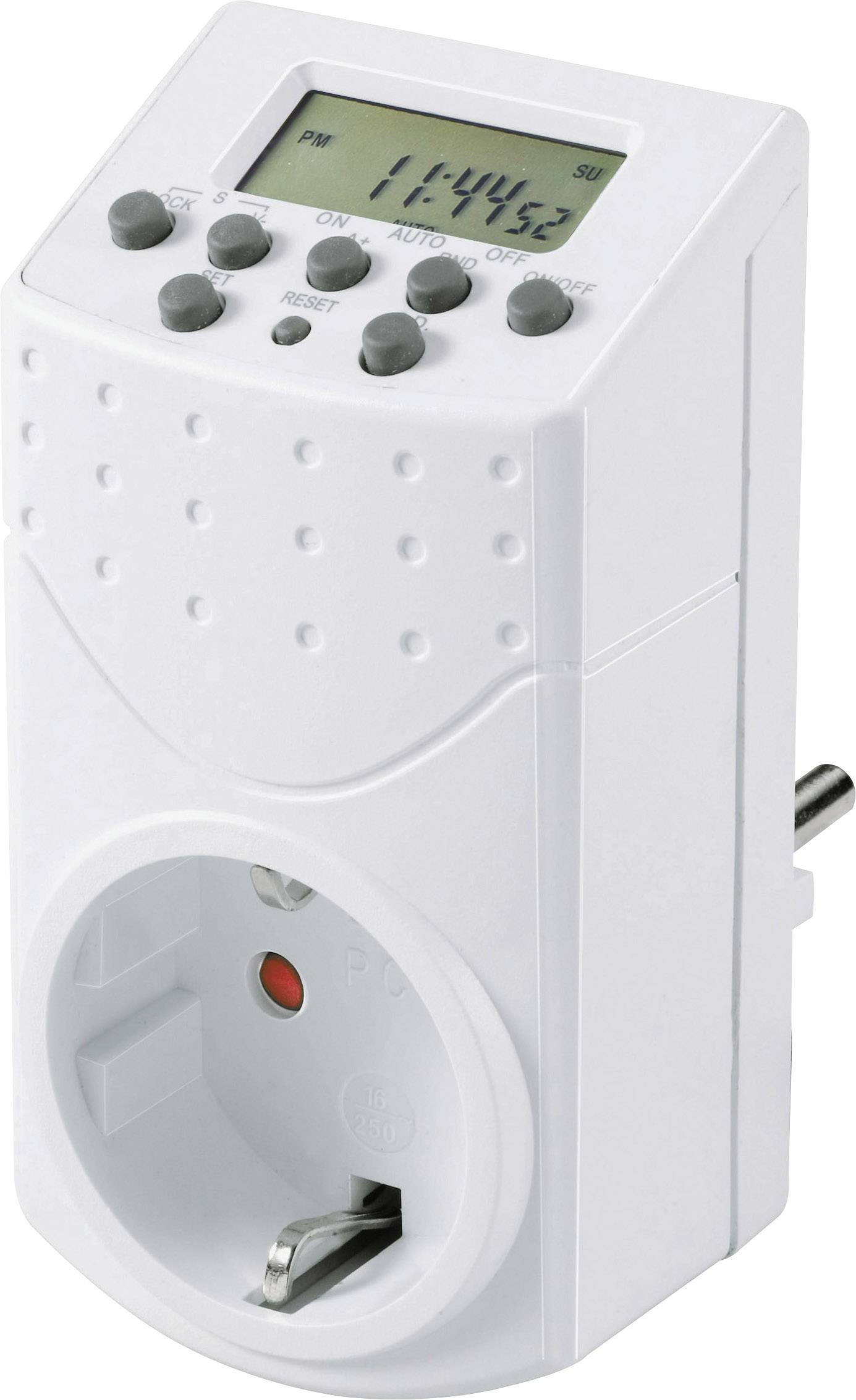 Elektronische tijdschakelklok met display en toetsen voor bediening, toont de tijd 11:44:52 uur. Geschikt voor stopcontacten.