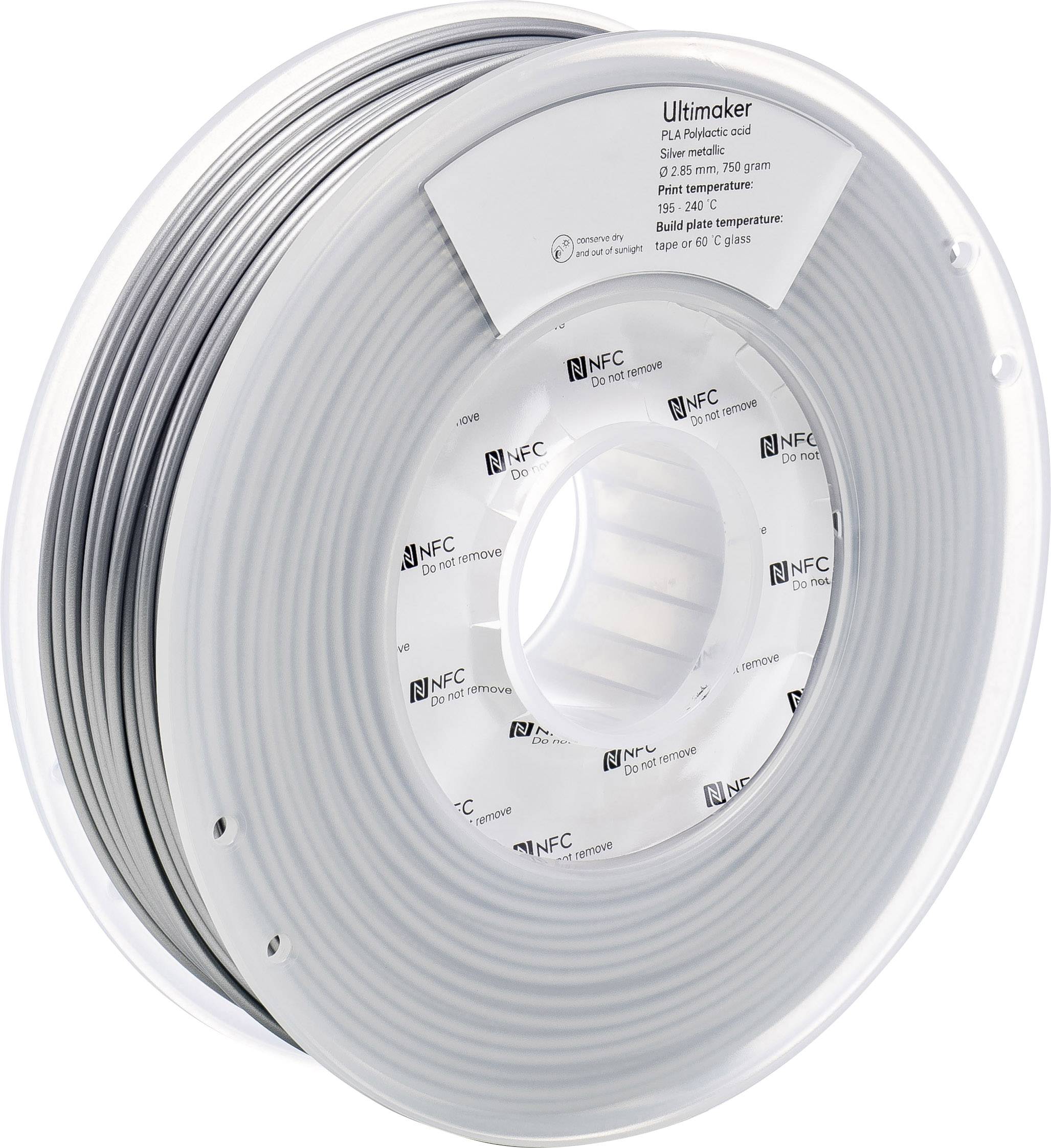 Spoel met wit 3D-printer-filament, 'Ultimaker PLA'. Bevat NFC-tag en informatie over temperatuur en diameter op het etiket.