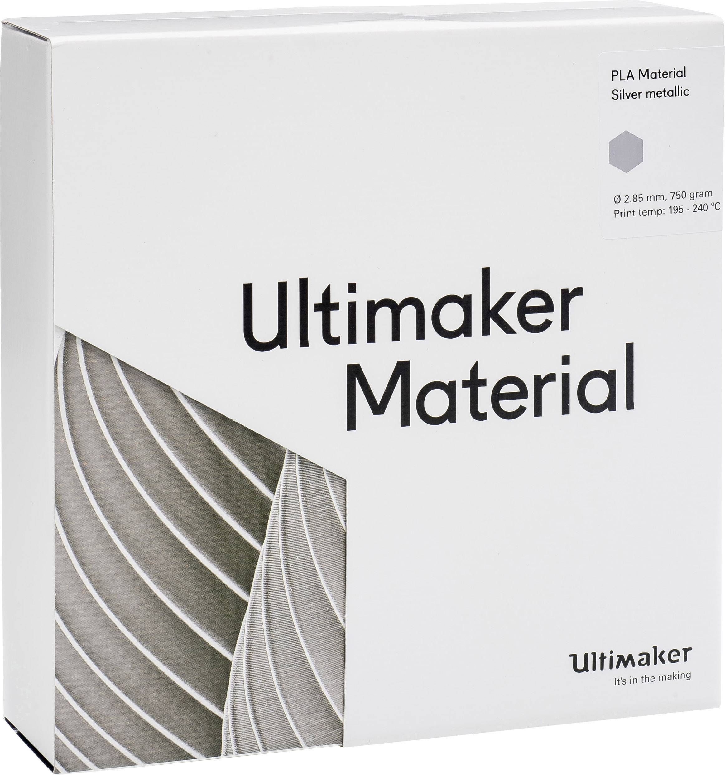 Verpakking van een Ultimaker Materiaalbox met het opschrift 'Ultimaker Materiaal'. Bevat PLA-materiaal in Silver Metallic, 750 gram.