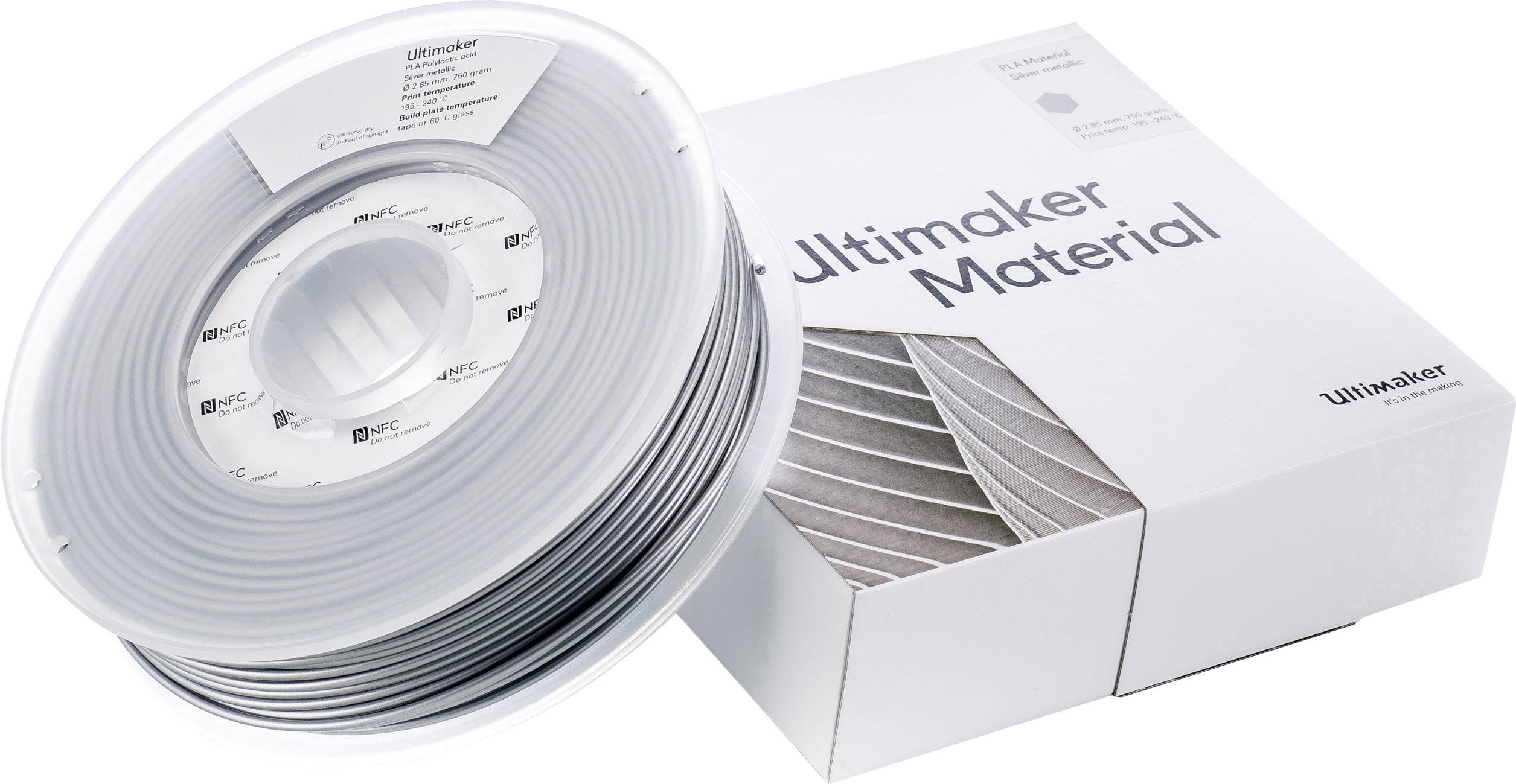 Een rol zwart 3D-printfilament van Ultimaker naast de verpakking die is gelabeld met 'Ultimaker Material'.