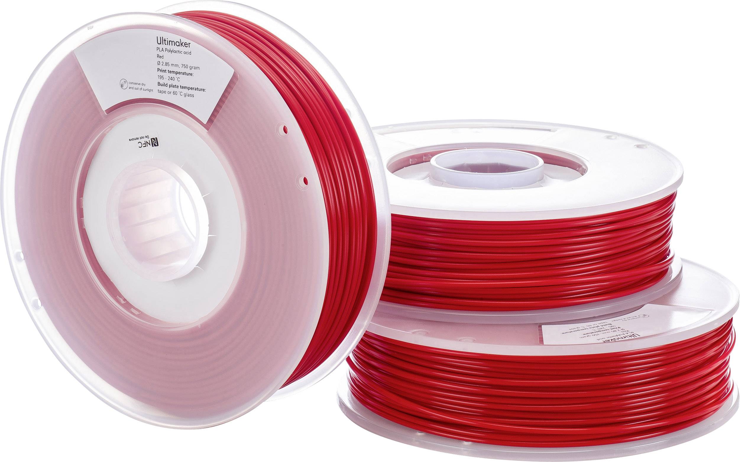 Drie rollen rood 3D-printfilament, elk voorzien van een etiket en in een transparente behuizing, gefotografeerd op een witte achtergrond.