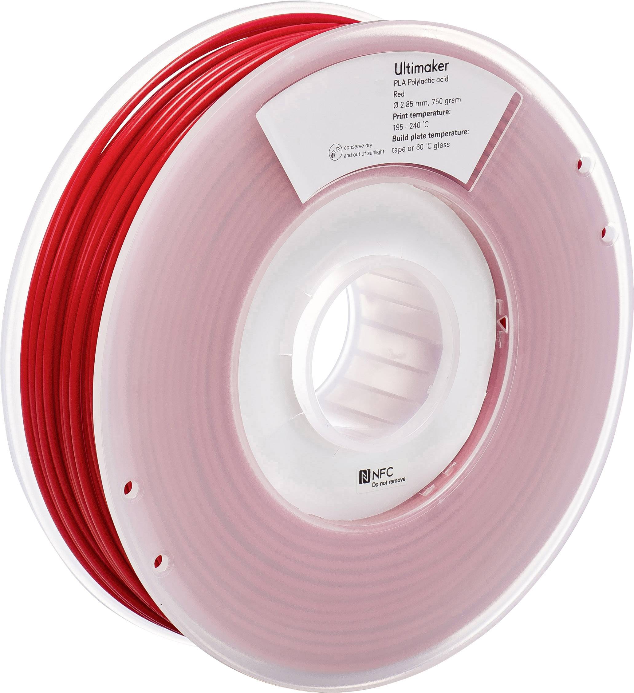 Rode 3D-printer-filamentspoel van Ultimaker. Op het etiket staat: 'PLA Filament', 2,85 mm diameter, 750 gram.