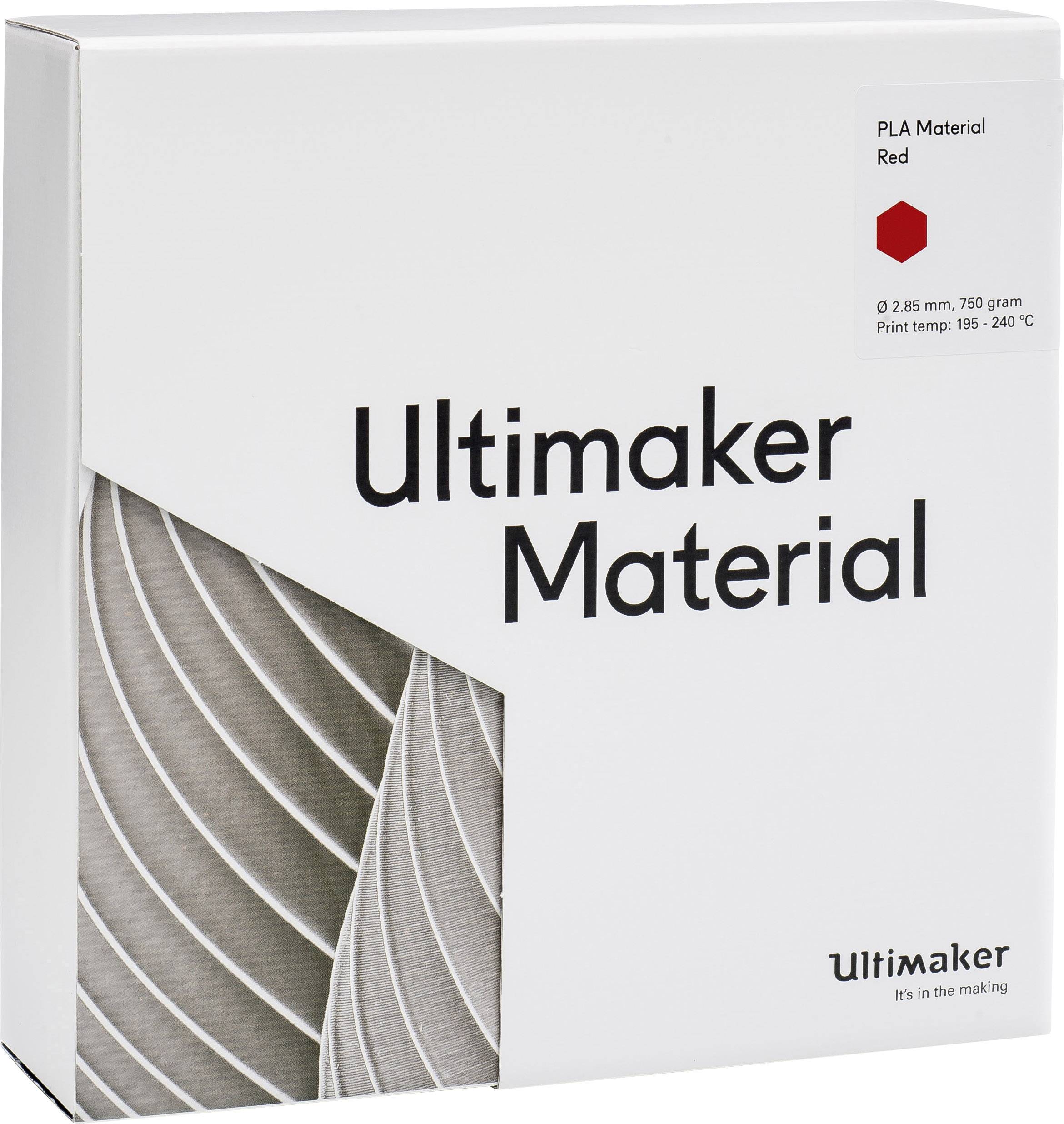 Verpakking met opschrift 'Ultimaker Materiaal'. Bevat PLA-filament, rood, 750 gram. Printtemperatuur: 195-240°C.