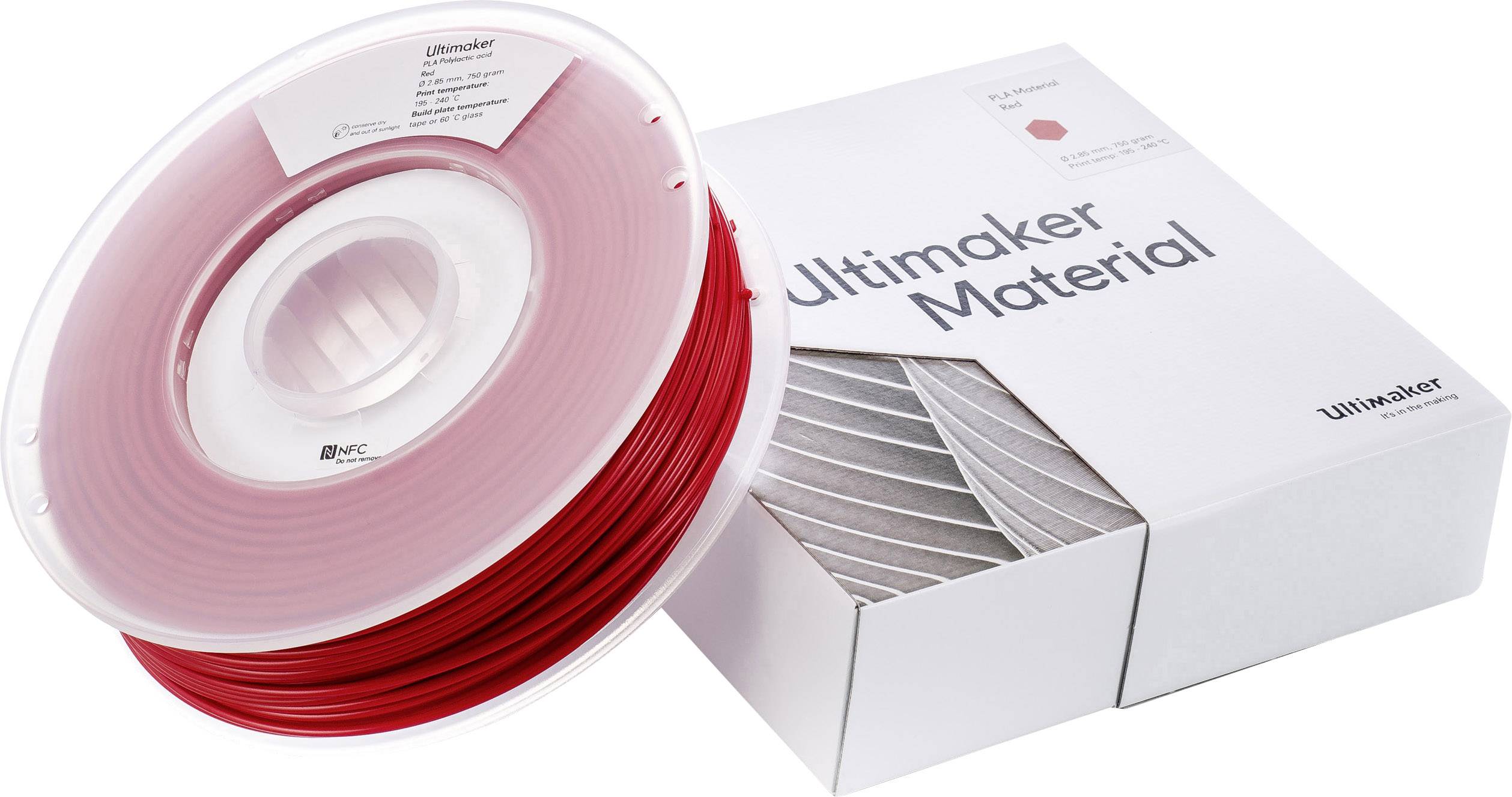 Rol met rood filament en verpakking van Ultimaker, gemerkt met 'ColorFabb PLA'. Geschikt voor 3D-printen.