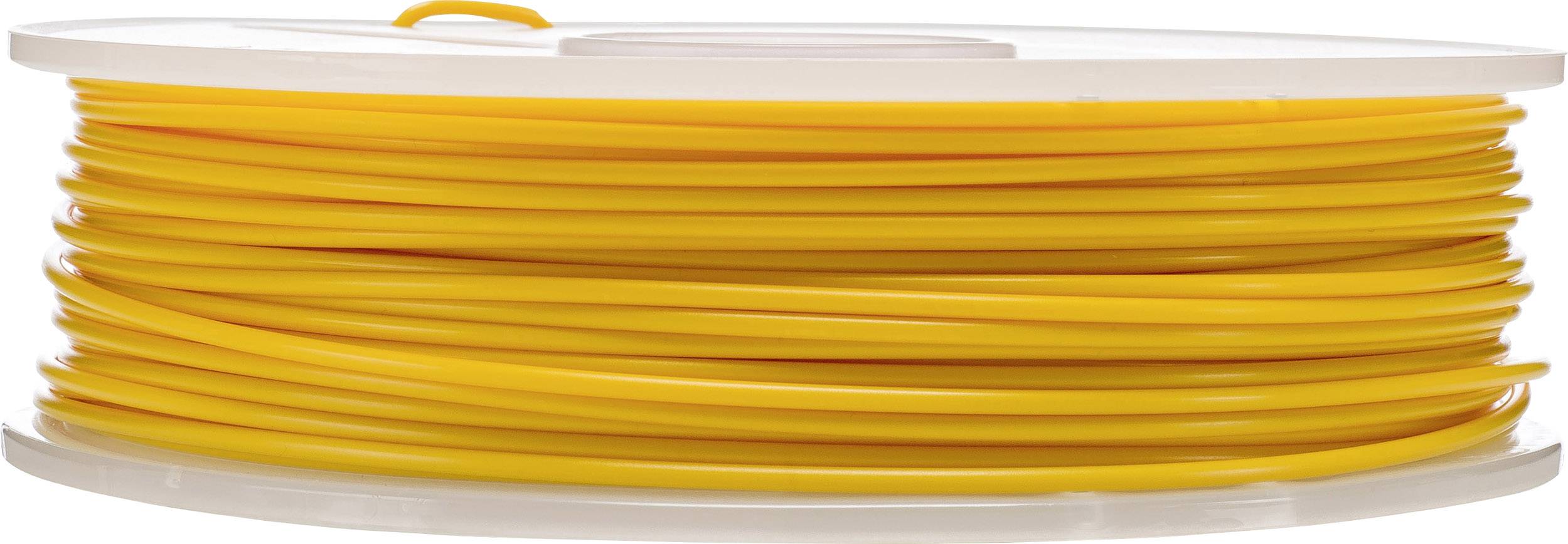 Gele 3D-printerfilamentrol opgerold op een witte spoel, weergegeven van opzij. Ideaal voor gebruik in 3D-printers.