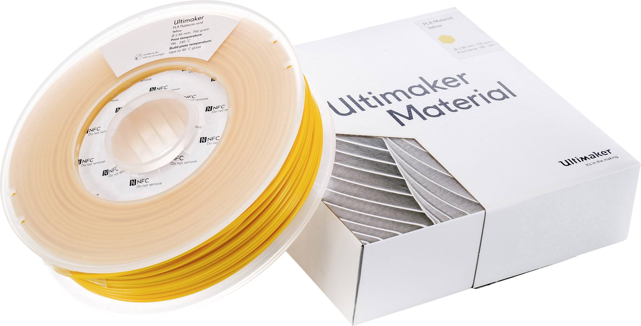 Verpakking van Ultimaker Materiaal en gele filamenthaspel voor 3D-printen, ISO-gecertificeerd.