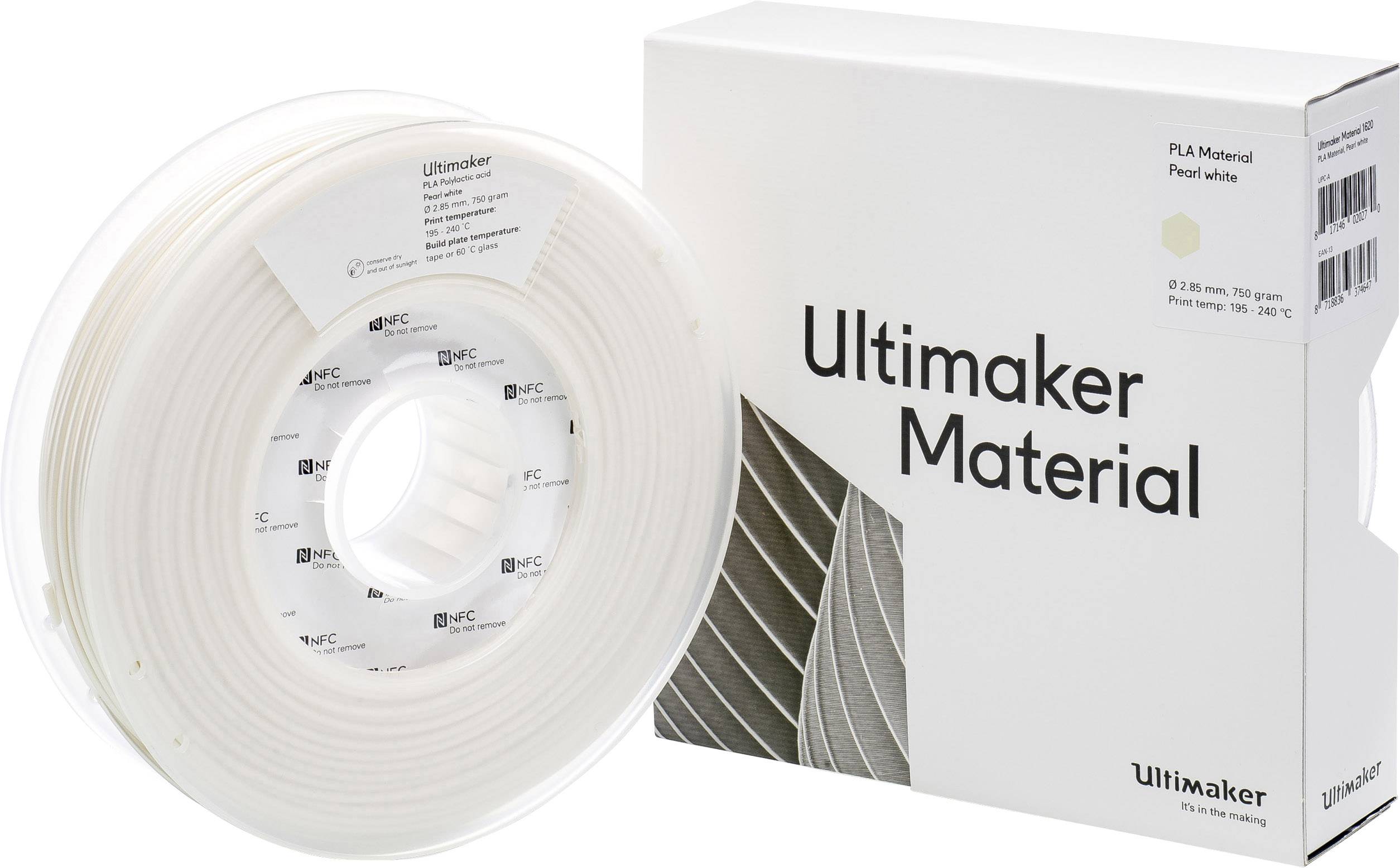 Een witte spoel met 3D-printmateriaal van Ultimaker naast een verpakking met het opschrift 'Ultimaker Material'.