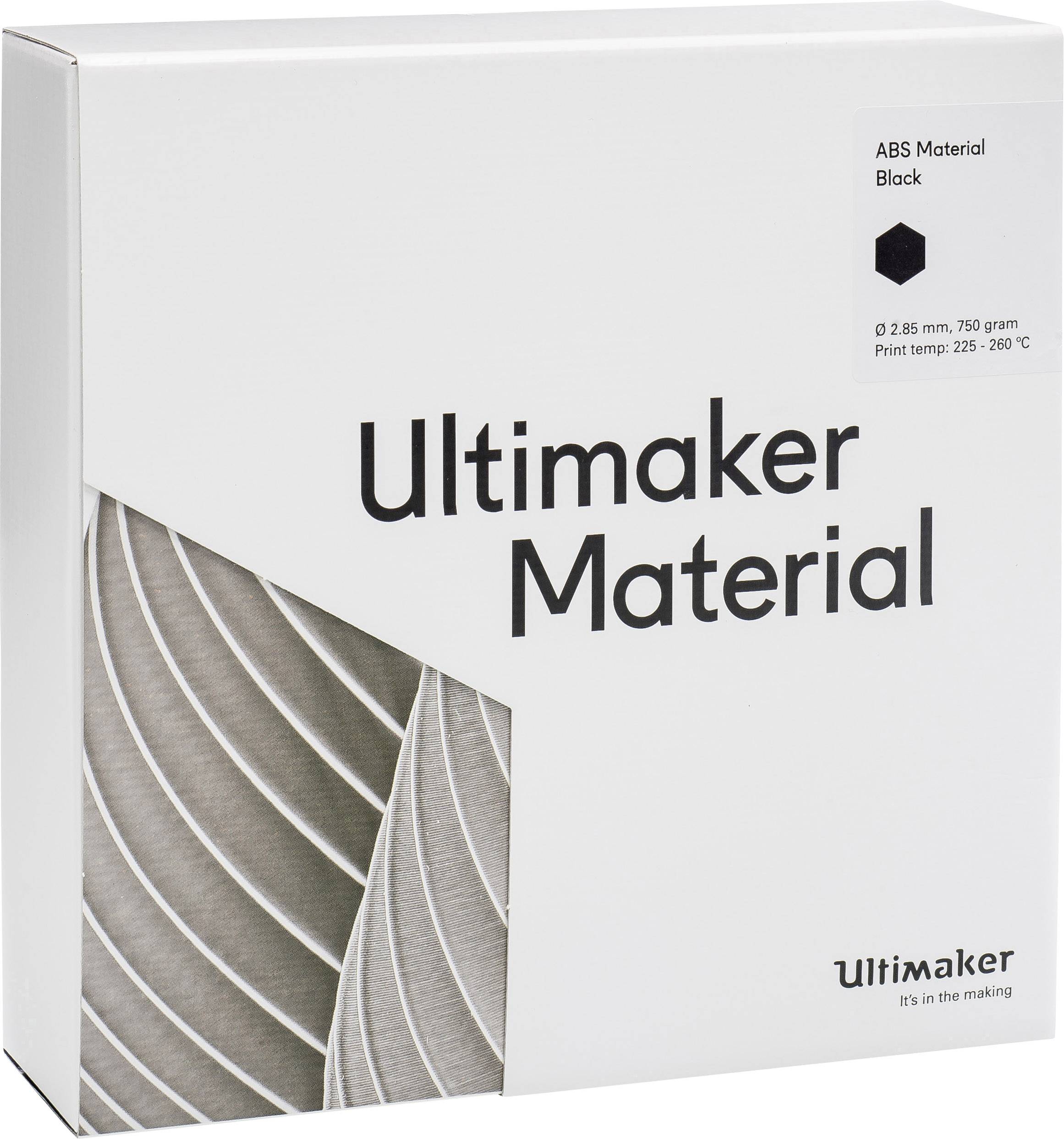 3D-printmateriaalverpakking van Ultimaker met de tekst 'Ultimaker Material'. Bevat zwart ABS-filament, 750 gram.