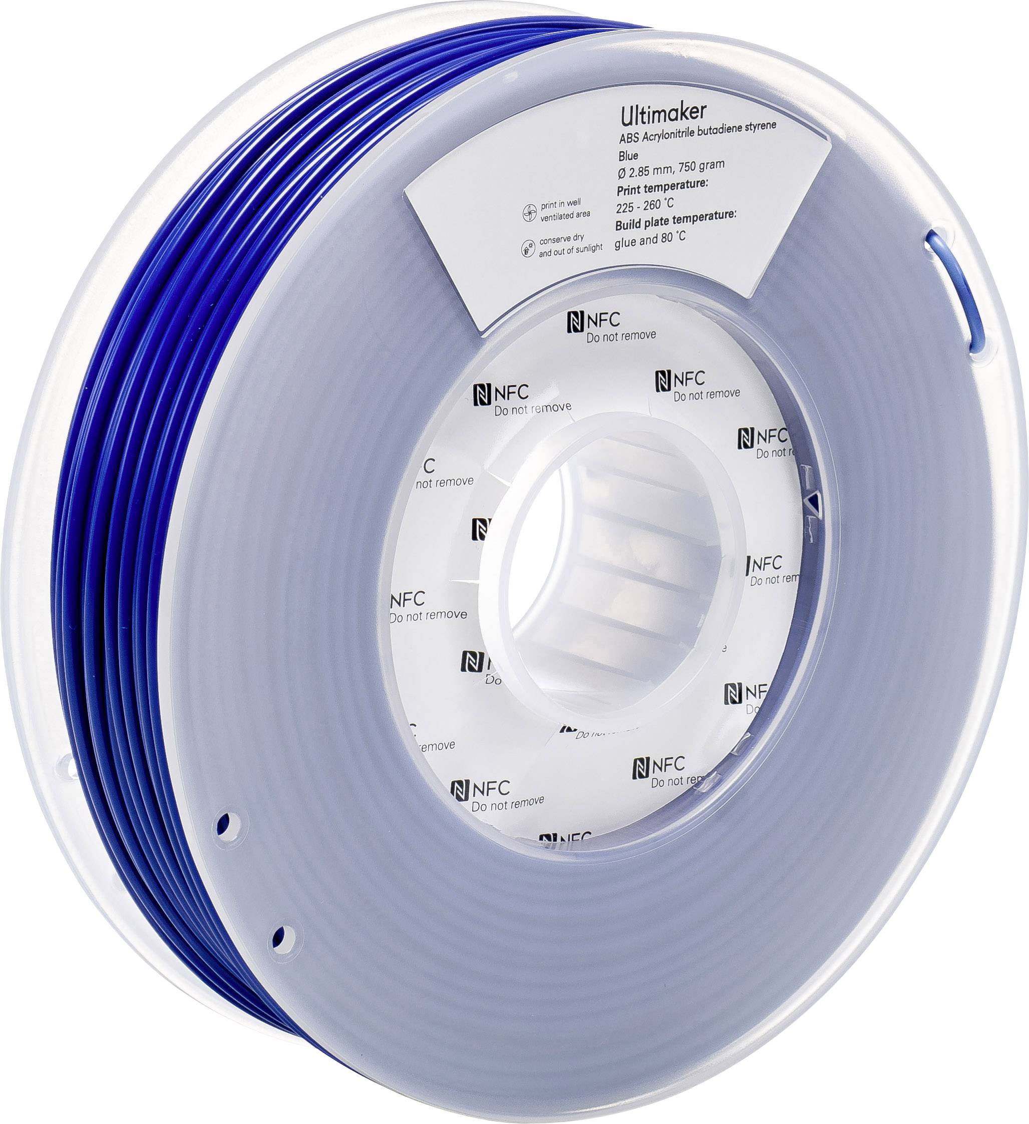 Spoel met blauw 3D-printfilament van het merk Ultimaker, geschikt voor 3D-printers. Etiket toont materiaalgerelateerde informatie.
