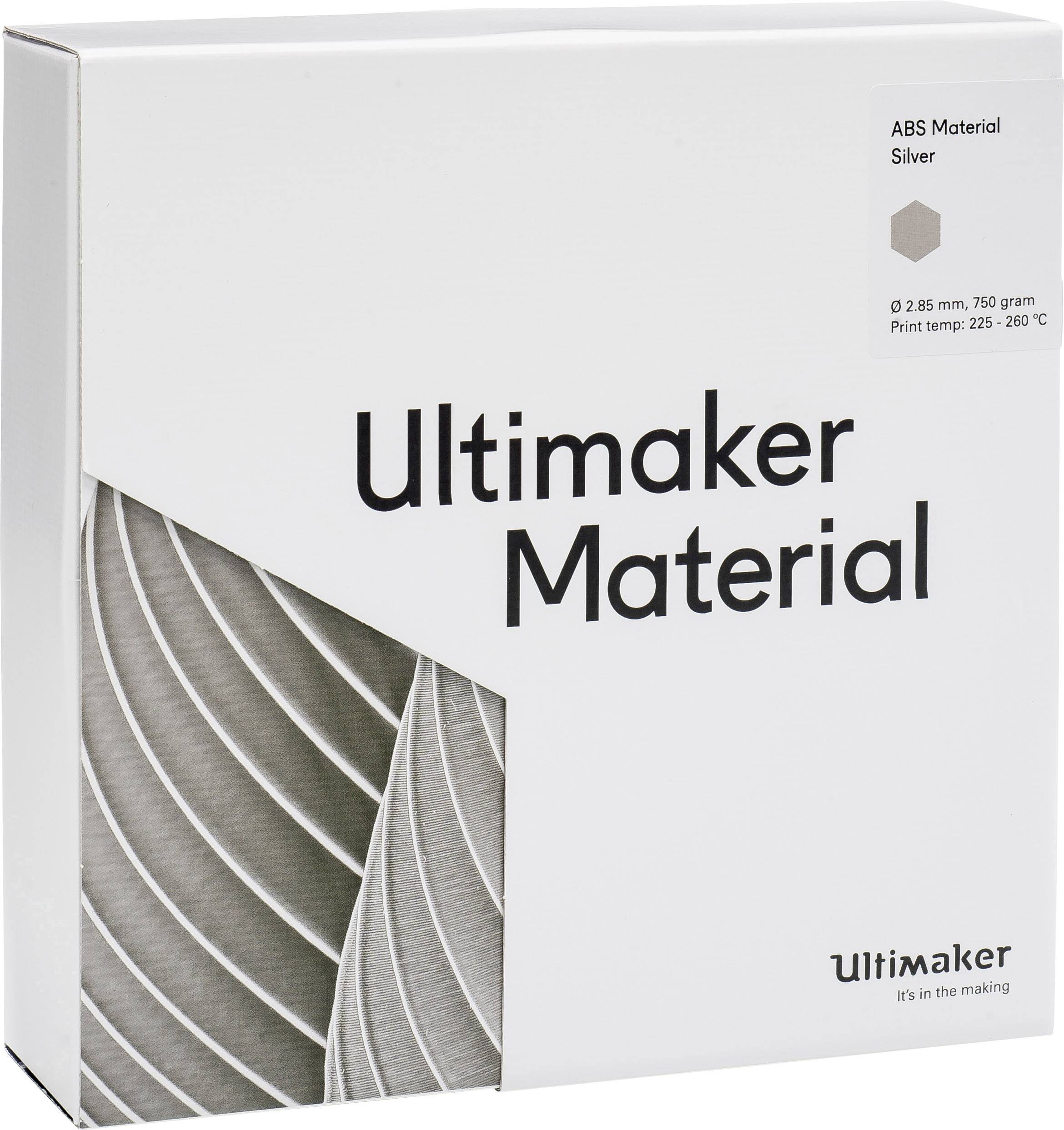 Een verpakking met het opschrift 'Ultimaker Material' voor ABS-materiaal in zilver. Afdruktemperatuur: 225-260 °C. Gewicht: 750 gram.