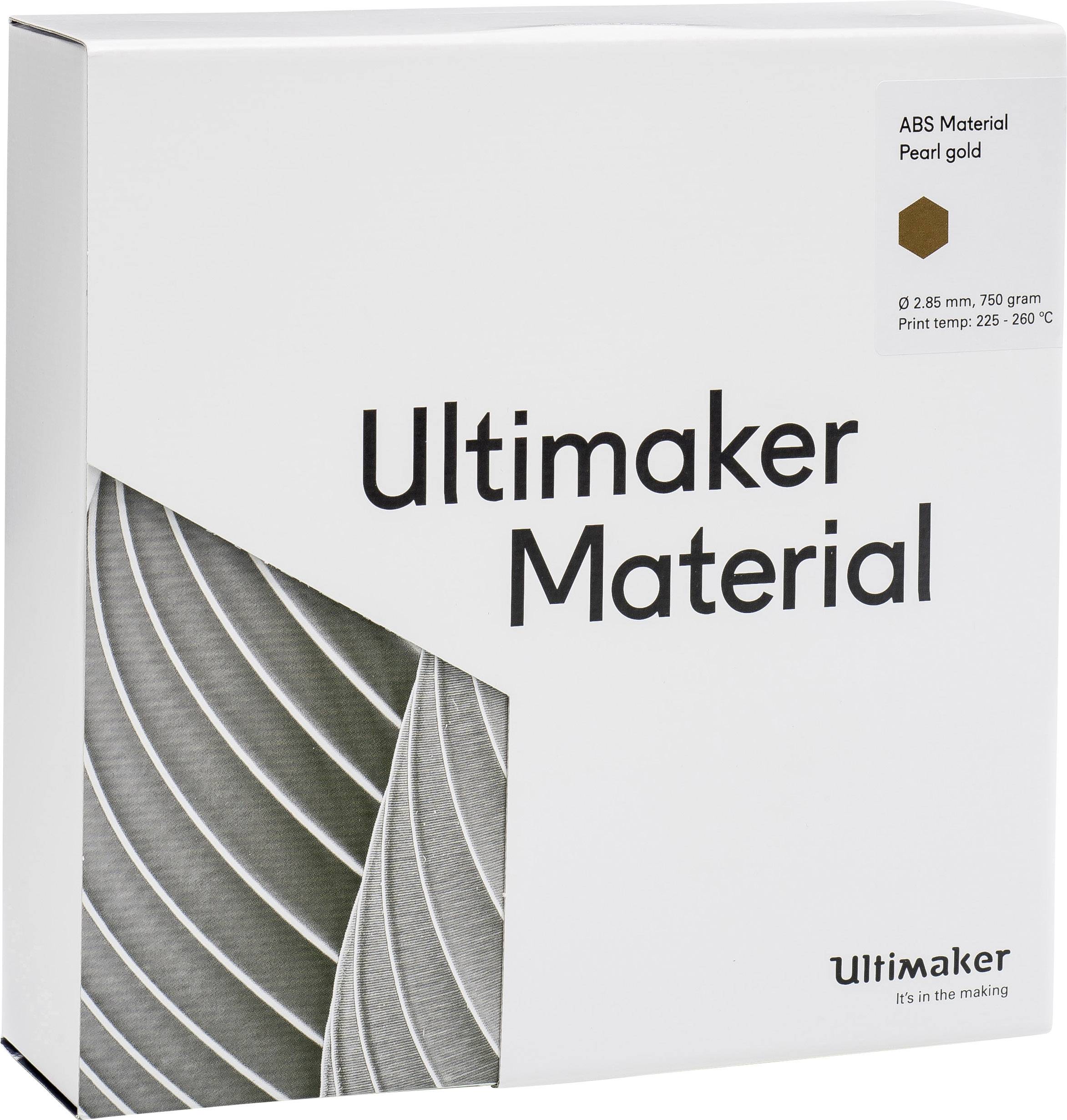 Verpakking met opschrift 'Ultimaker Materiaal'. Bevat ABS-materiaal in de kleur Pearl Gold, 0,85 mm, 750 gram.