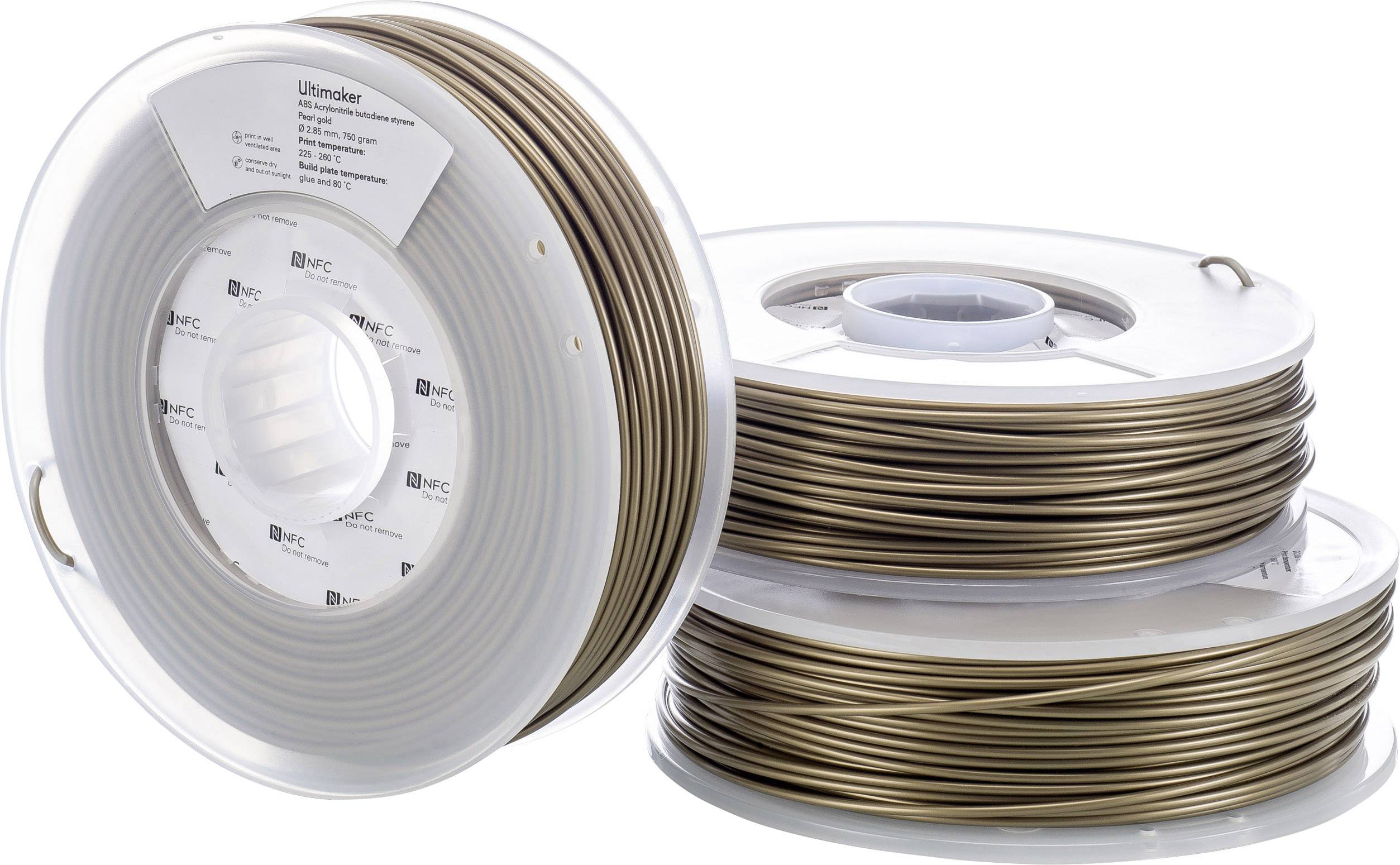 Drie spoelen met bruin 3D-printfilament, op elkaar gestapeld. Links staat 'Ultimaker' op een spoel.