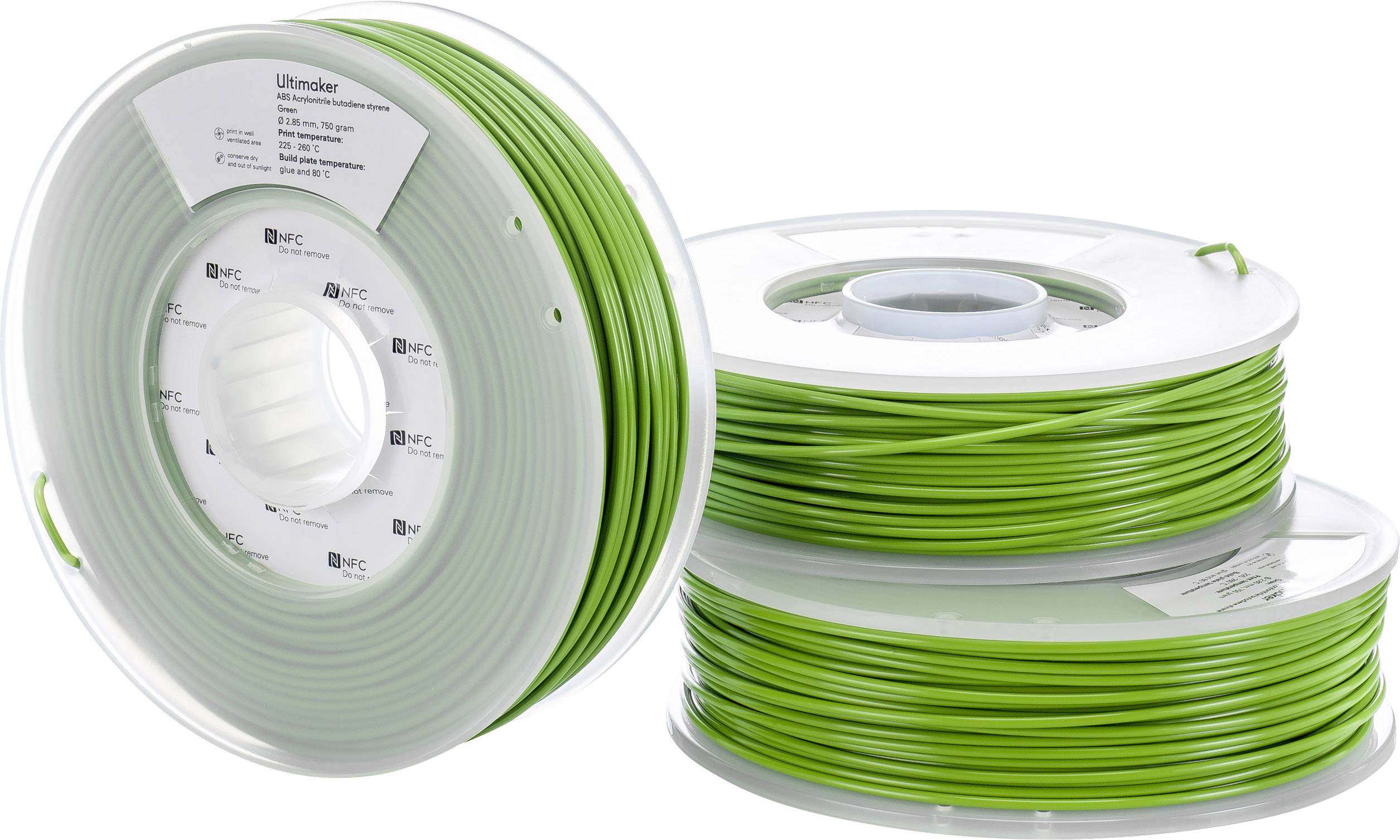 Twee spoelen met groen filament voor 3D-printer, één staand, de andere liggend. Gemarkeerd met 'Ultimaker'.