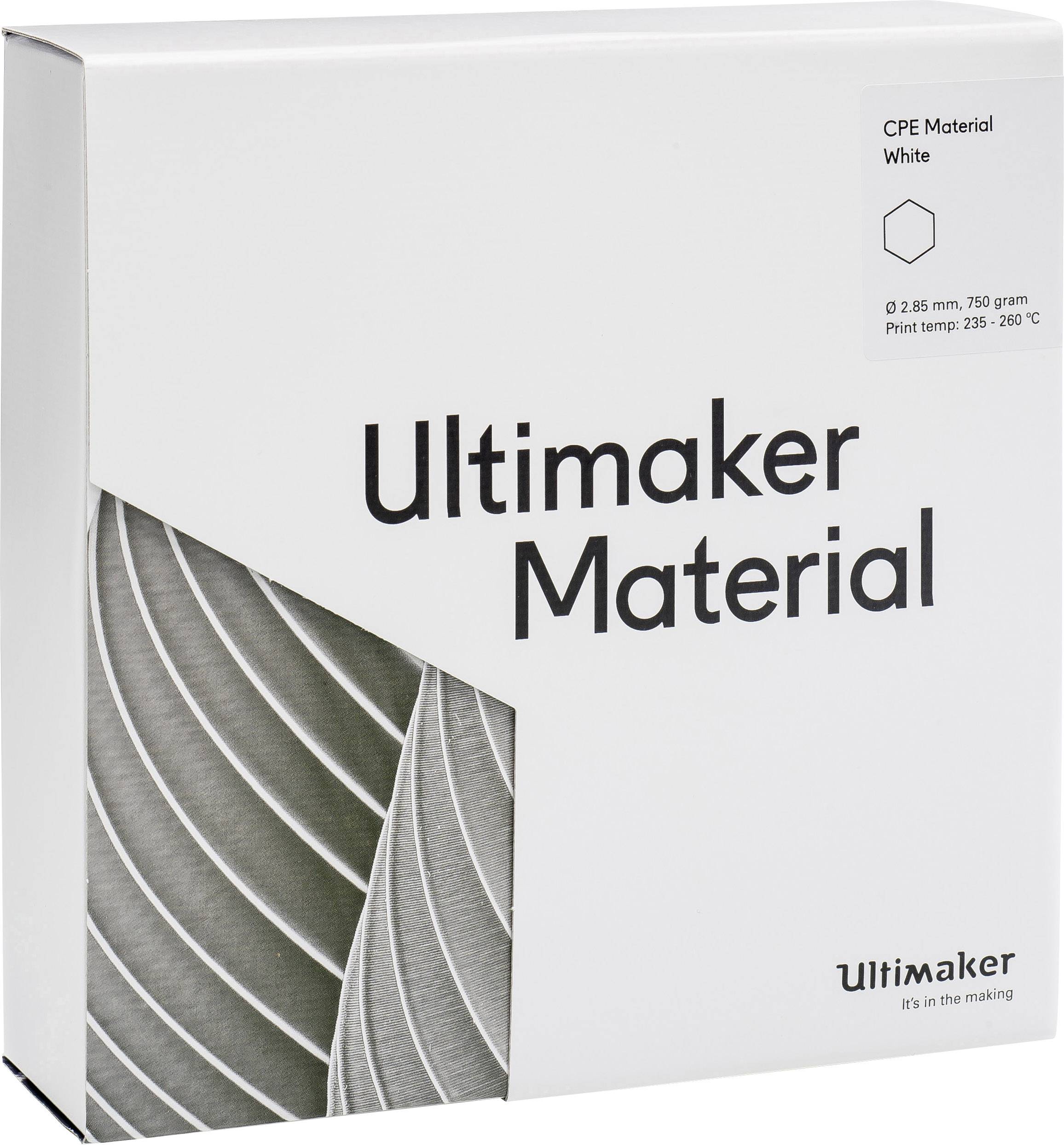 Een verpakking van 'Ultimaker Material', CPE-materiaal in het wit. Opdruk toont details zoals diameter 2,85 mm, gewicht 750 g, printtemperatuur 235–260 °C.