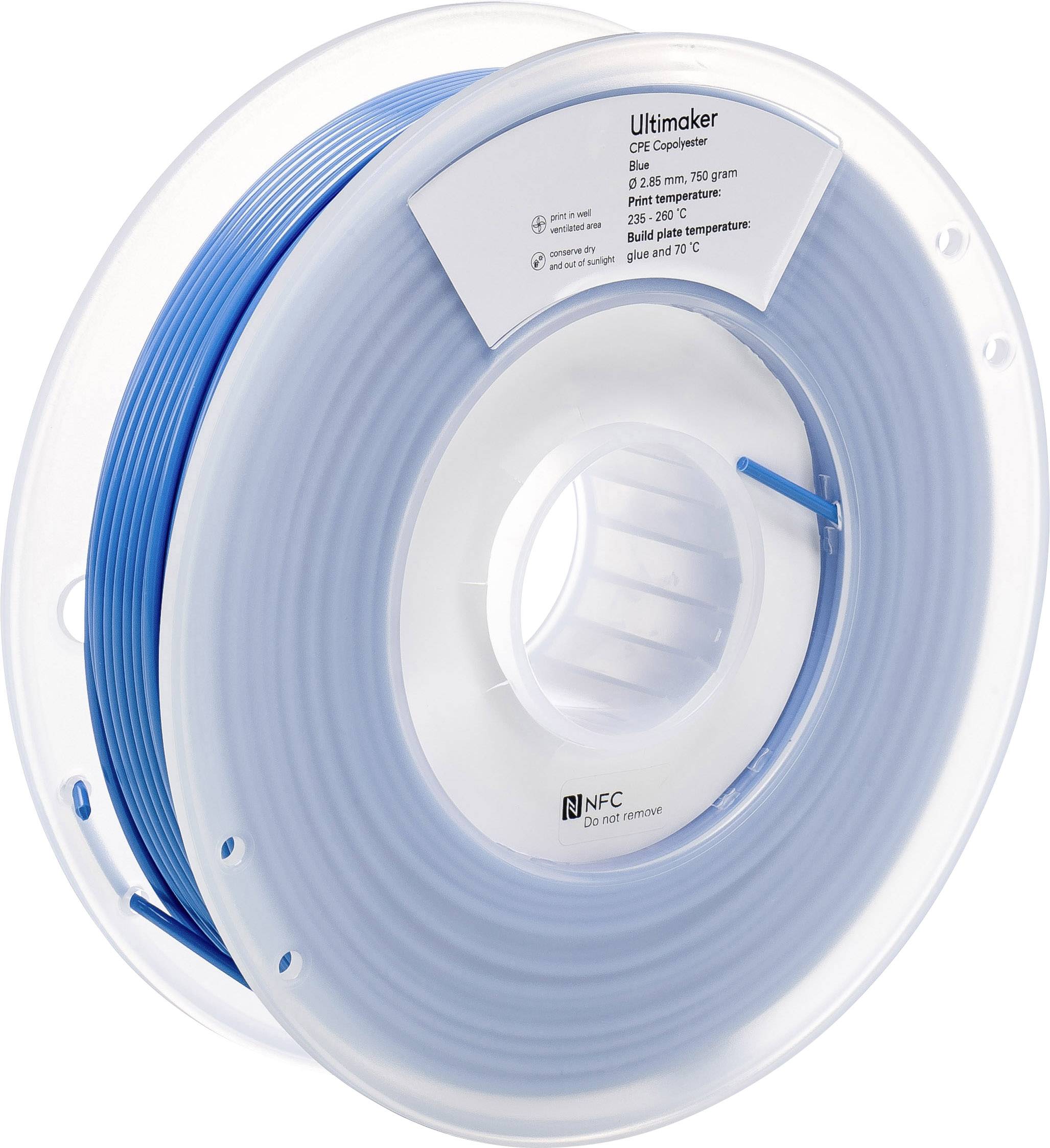Een spoel met blauw 3D-printfilament, gemerkt met 'Ultimaker' en details over materiaaleigenschappen en aanbevolen printinstellingen.