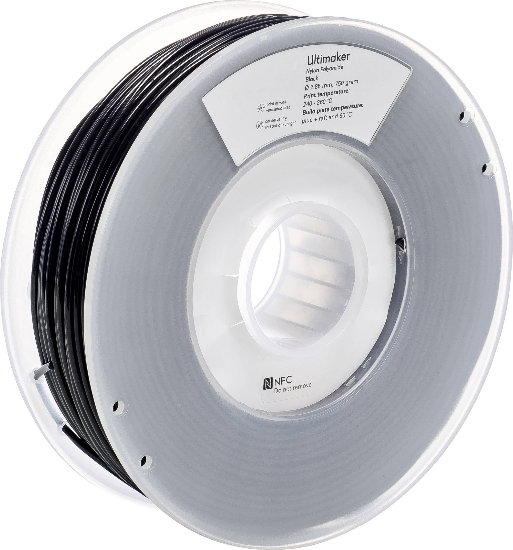 Een spoel met zwart 3D-printer-filament van Ultimaker, voorzien van materiaalgegevens.