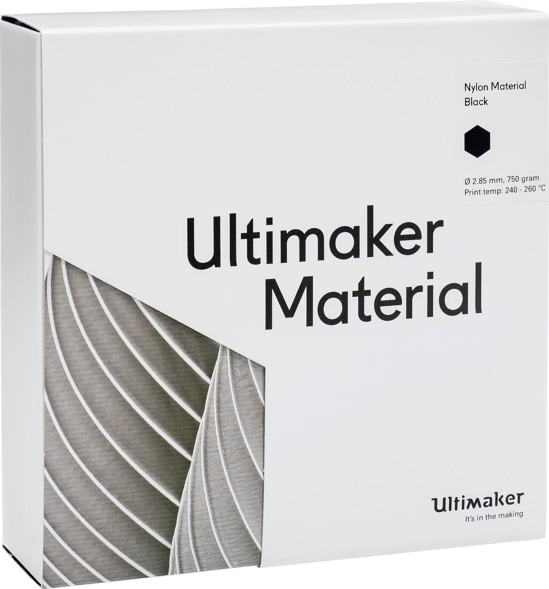 Verpakking van een zwarte nylon-materiaalspoel van Ultimaker, geschikt voor 3D-printers met een diameter van 2,85 mm en een gewicht van 750 gram.