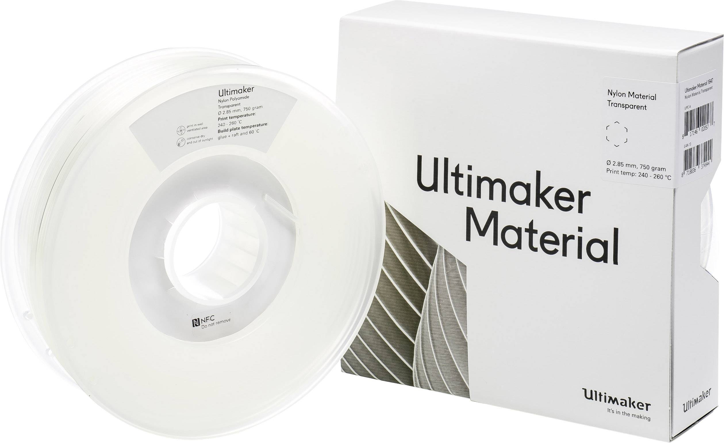 Een spoel met transparant nylon 3D-printmateriaal naast de verpakking met het opschrift 'Ultimaker Material'.