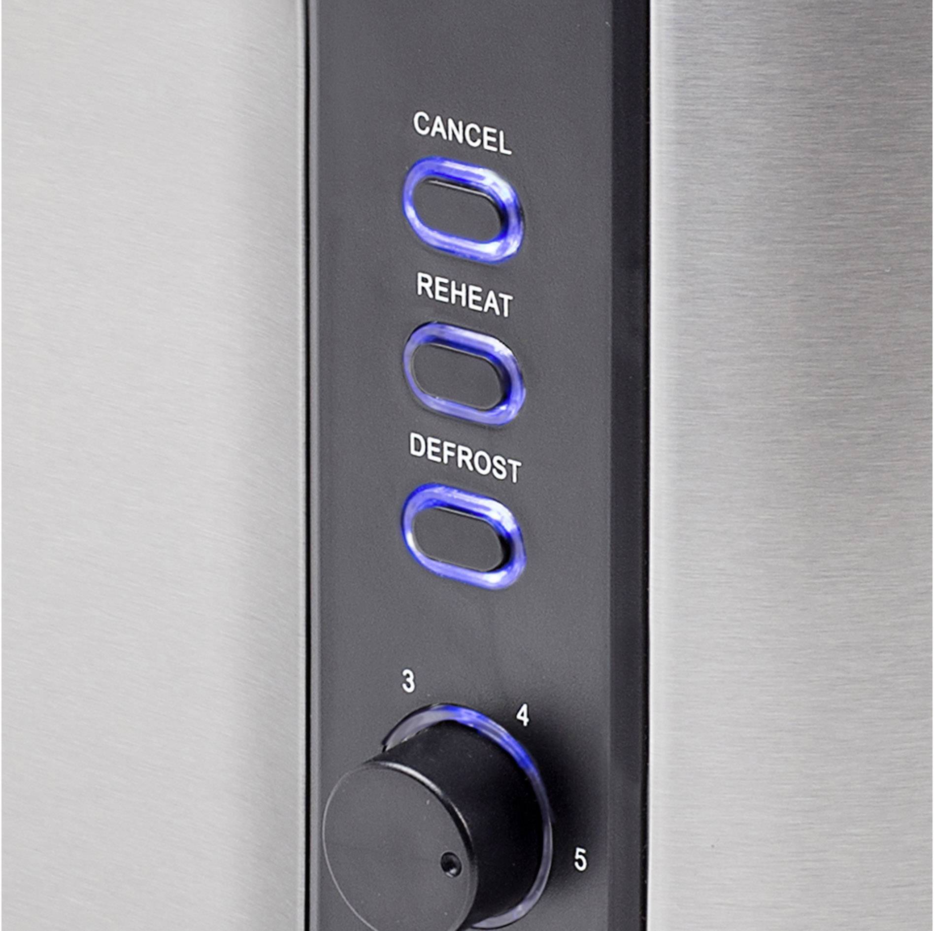 Close-up van een broodrooster met de functies 'Annuleren', 'Opnieuw verwarmen' en 'Ontdooien'. Een draaiknop toont standen van 1 tot 5.
