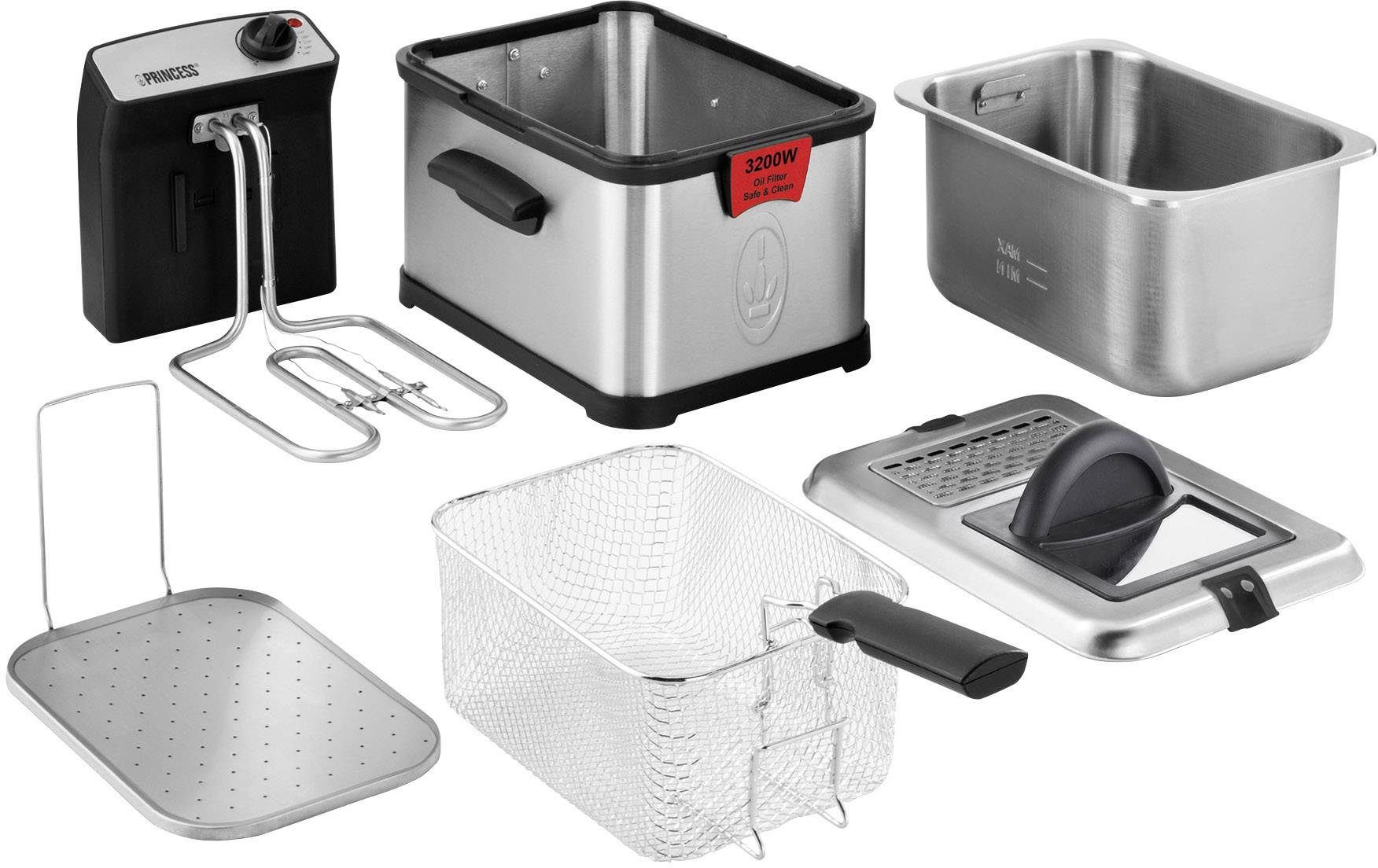 'Demonteerbare roestvrijstalen friteuse met verwarmingselement, olietank, draadmand, spatscherm en dienblad. Vermogen: 3200 Watt.'